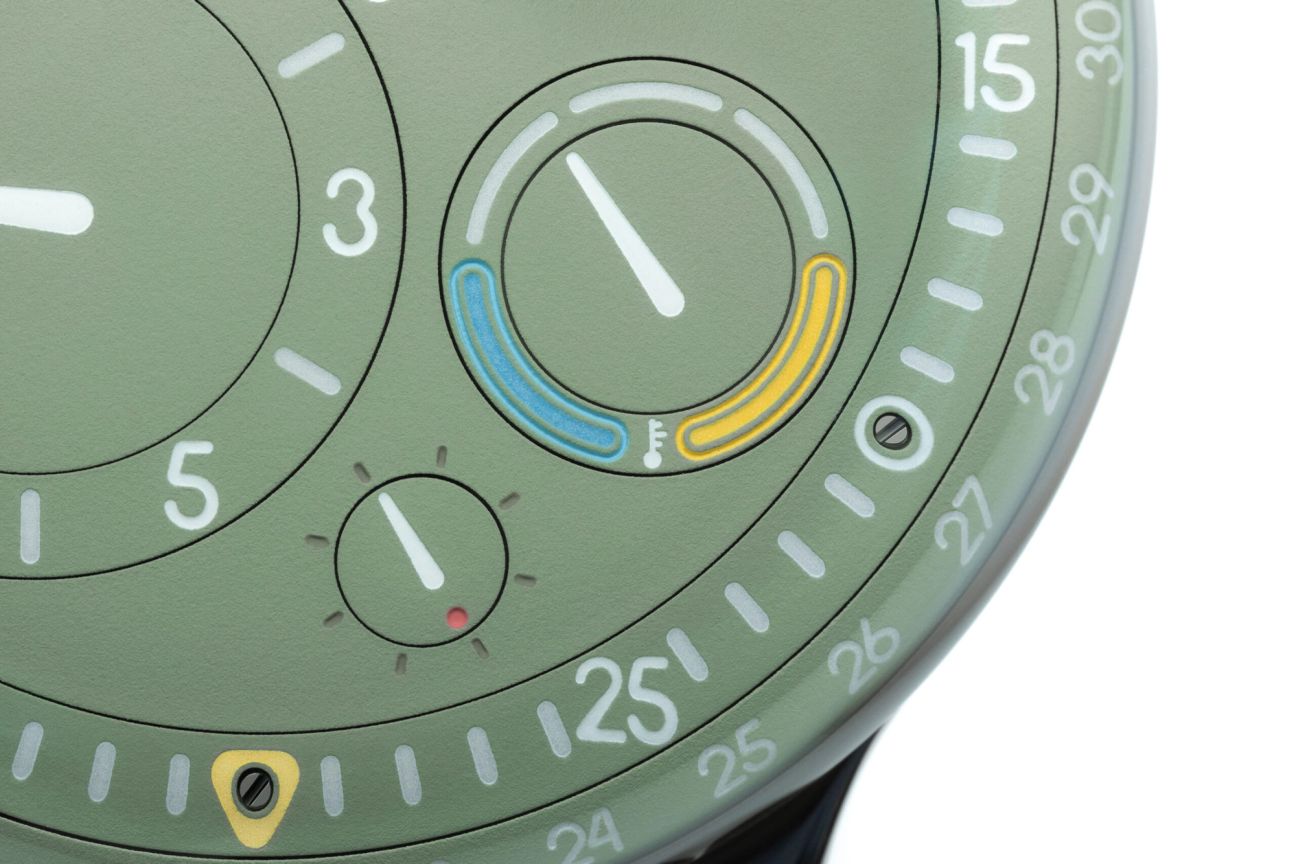 Oil temperature dial on Ressence Type 3 EE in Eucalyptus Green