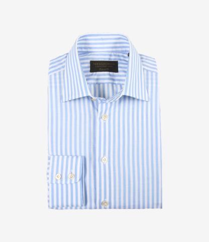 Blue & White Butcher Stripe St James' Collar Tailored Fit Single Cuff Cotton & Linen Shirt