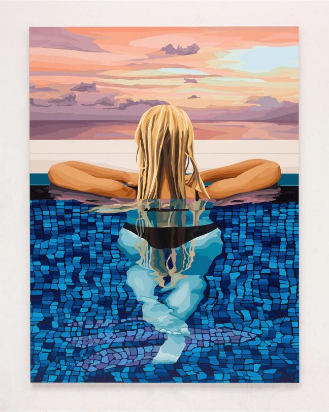 Will Martyr piece "I Fell in Love with this Feeling" depicting a woman resting on the edge of the pool looking out at the sunset