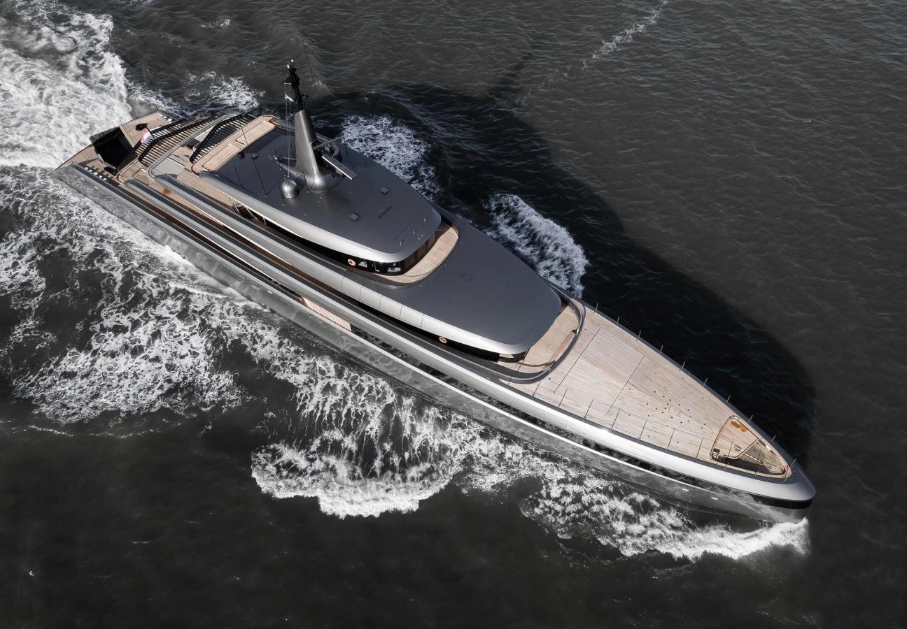 Ariel shot of Obsidian the biofuel-powered superyacht out on the water