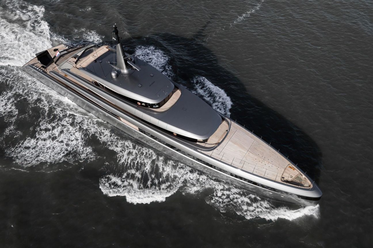 Ariel shot of Obsidian the biofuel-powered superyacht out on the water