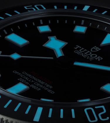 Tudor Pelagos FXD watch illuminated in the dark