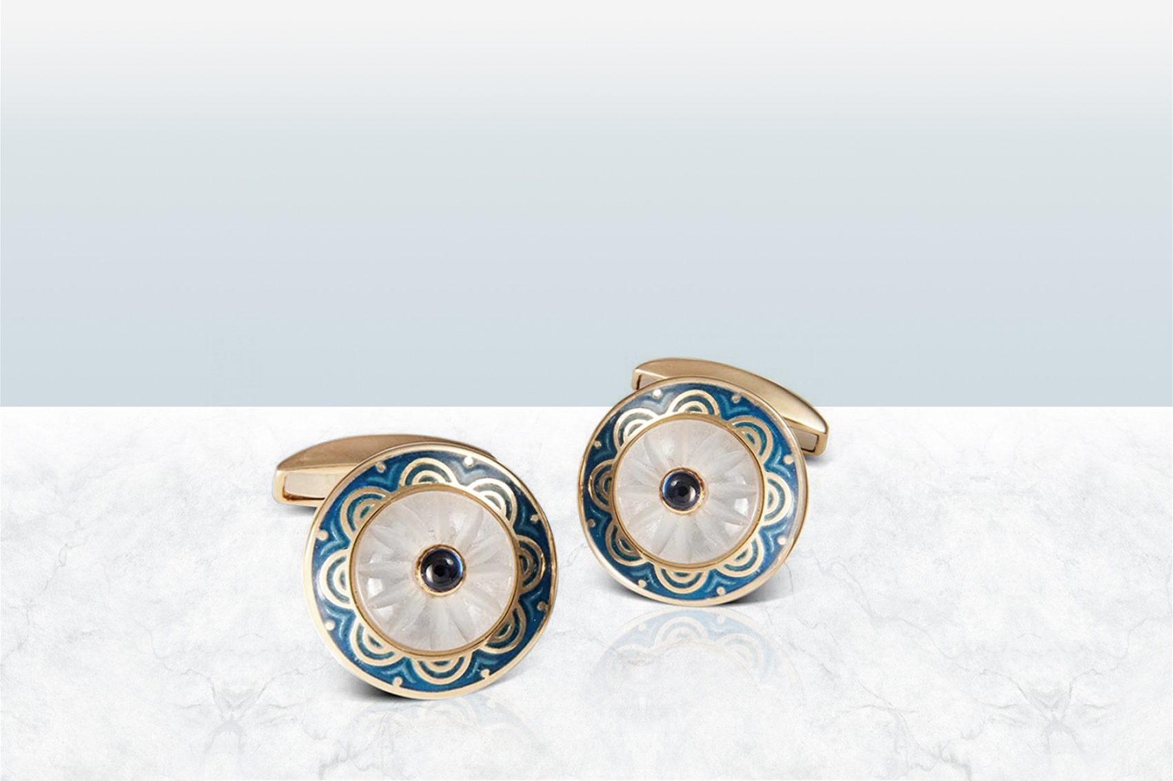 Deakin & Francis 18ct gold round cufflinks with sapphire and crystal