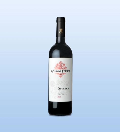 A bottle of Achaval Ferrer, Quimera, Mendoza 2020 wine with a blue background