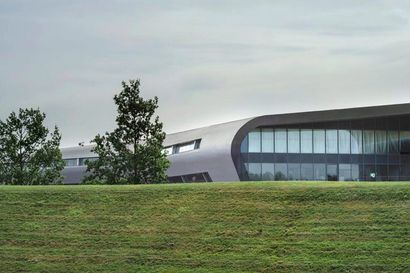 Exterior smooth curvy architecture of Farnborough Airport