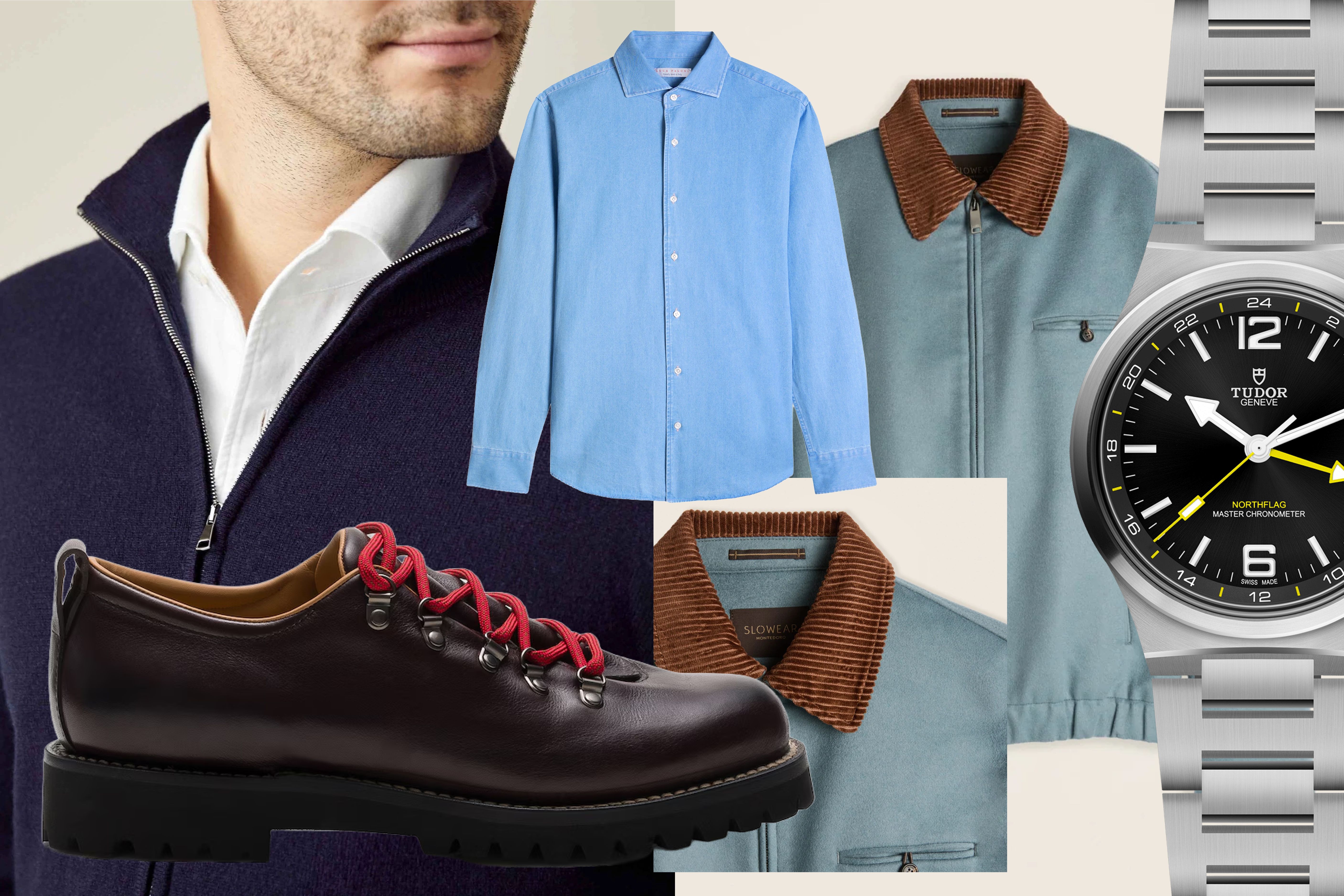 Luca Faloni Midnight Blue Cashmere Zip Cardigan, Slowear Primo Wool and Cashmere Bomber Jacket, Luca Faloni Light Blue Denim Shirt, Church's Calfskin Lace-Up Boots, Tudor North Flag