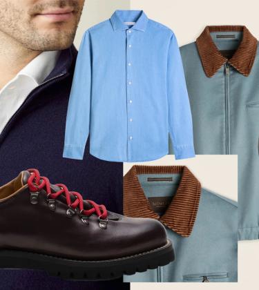 Luca Faloni Midnight Blue Cashmere Zip Cardigan, Slowear Primo Wool and Cashmere Bomber Jacket, Luca Faloni Light Blue Denim Shirt, Church's Calfskin Lace-Up Boots, Tudor North Flag