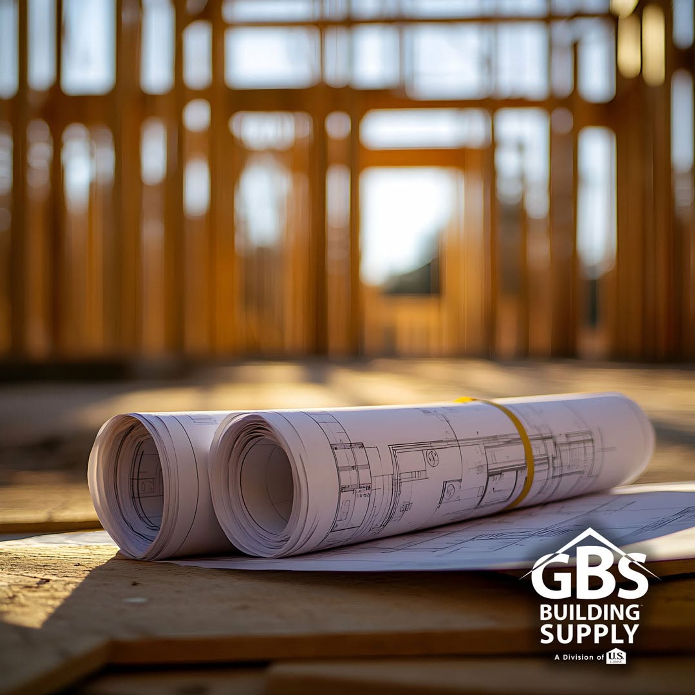 Rolled architectural blueprints resting on lumber inside a timber-framed house under construction.