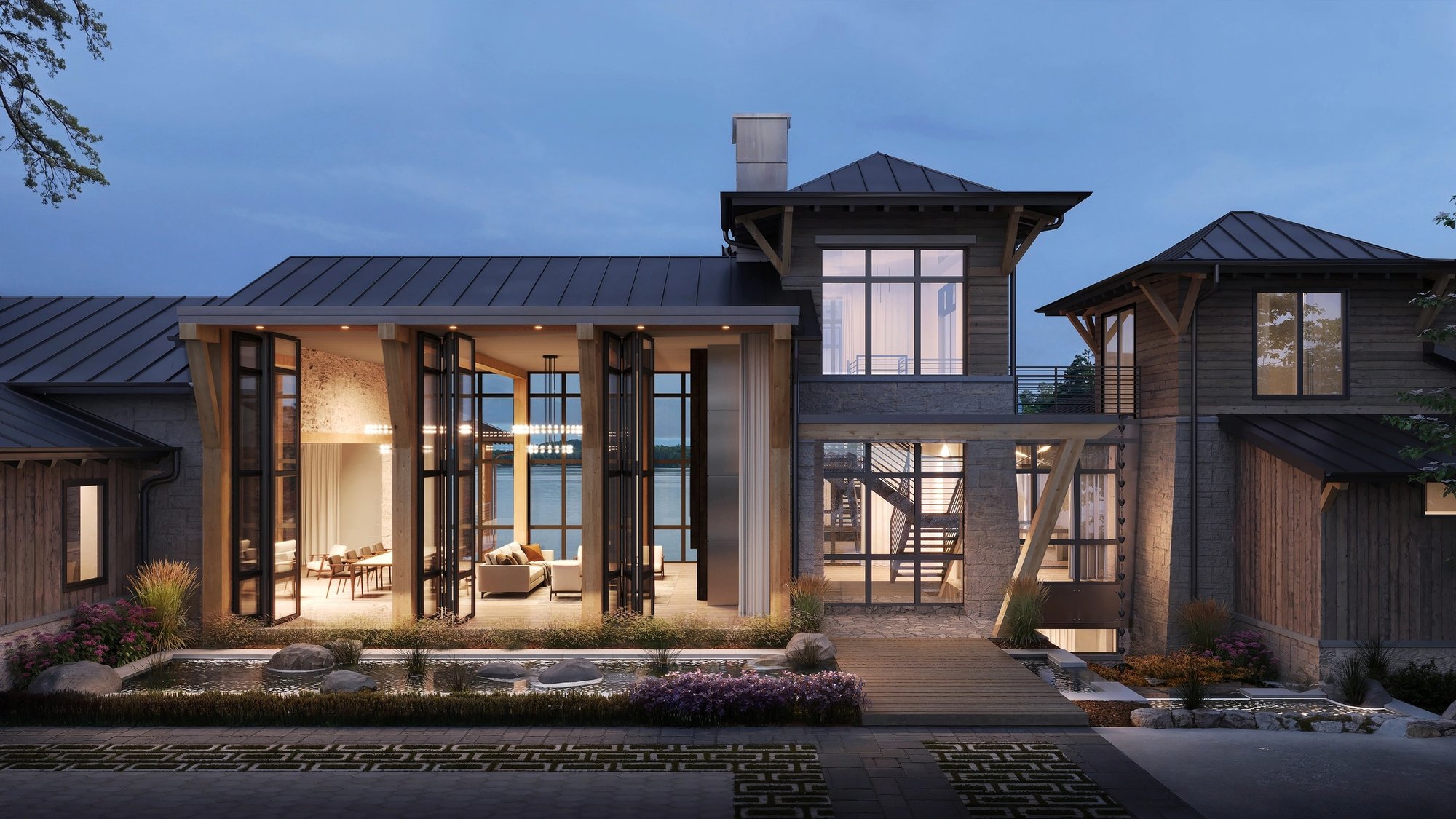 Architectural rendering of The MHK House at dusk, with lit interiors, tall windows and metal roofs, and the lake behind.