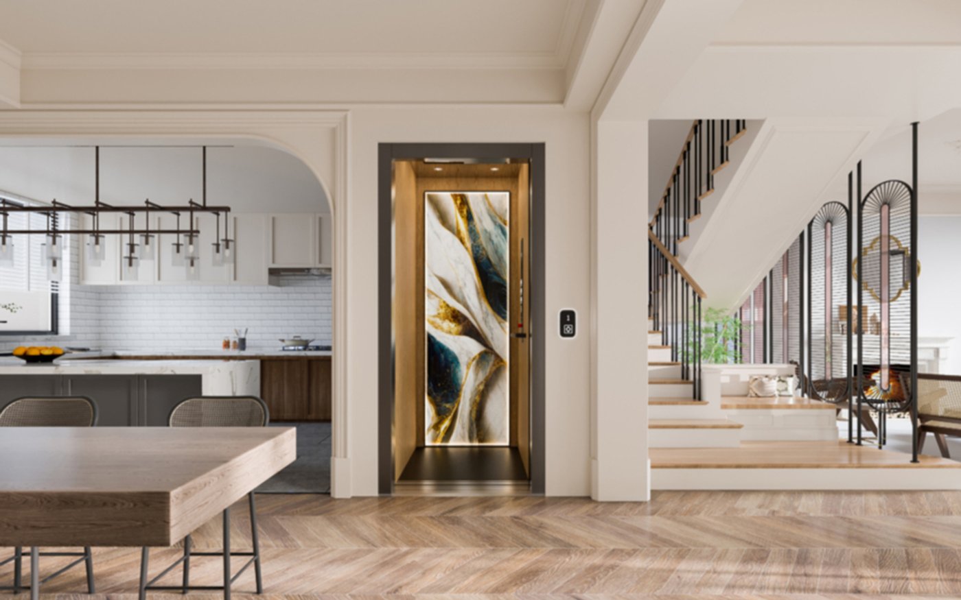 A residential elevator with a decorative gold and blue panel door, in an open-plan home with herringbone wood floors.