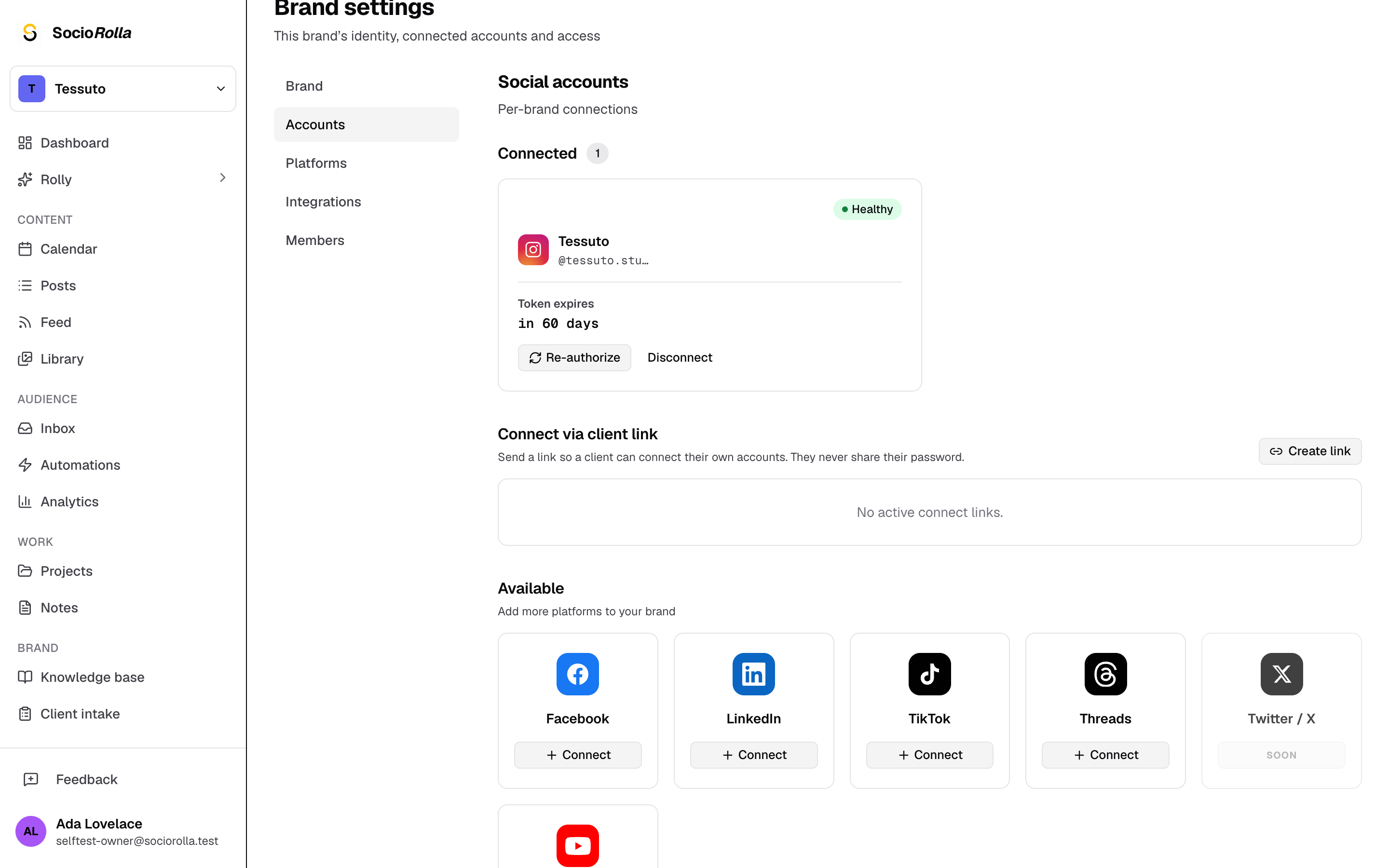 Step 1: Client links live in the brand's Social accounts settings.