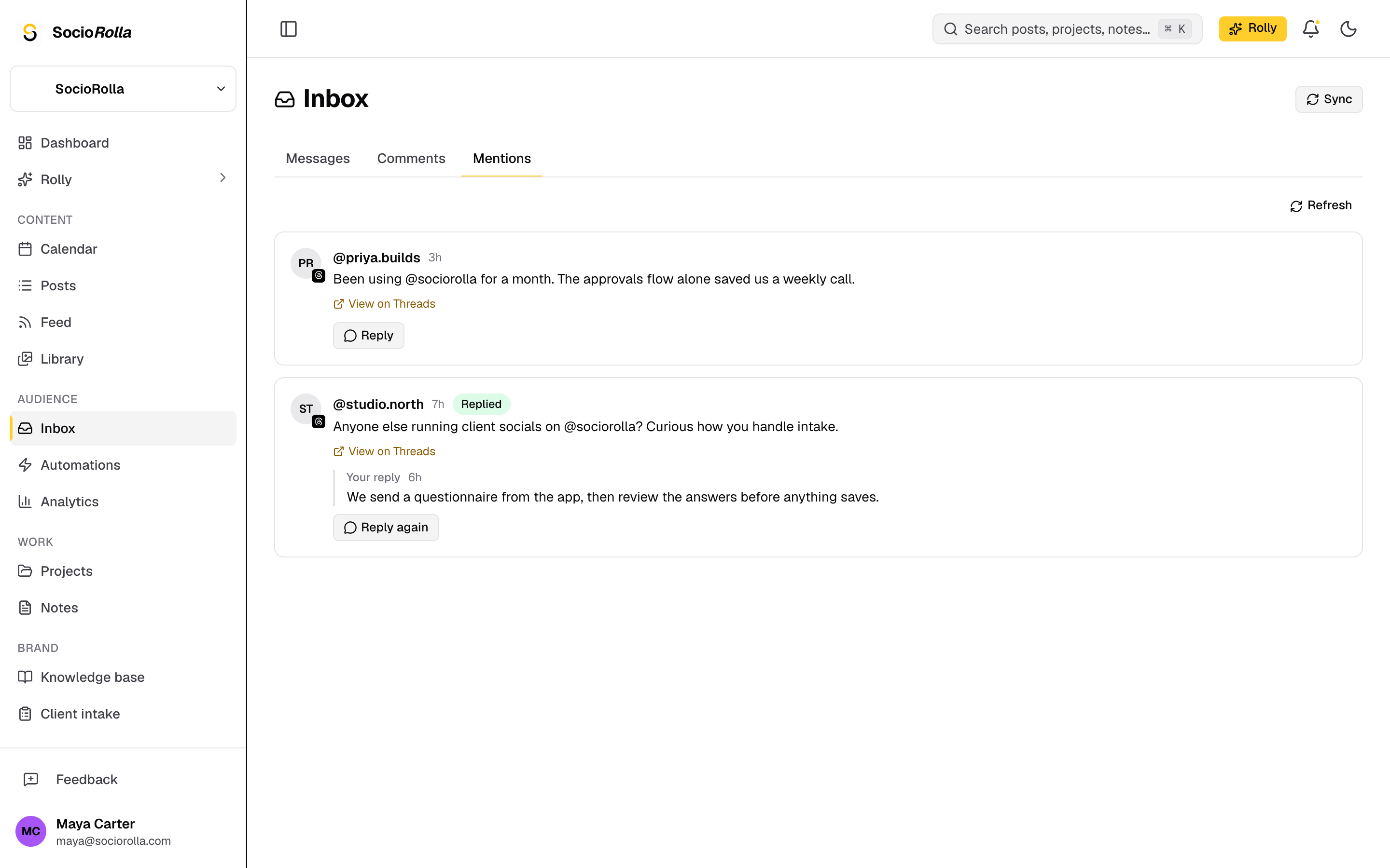 A Threads mention with the reply box open beneath it.