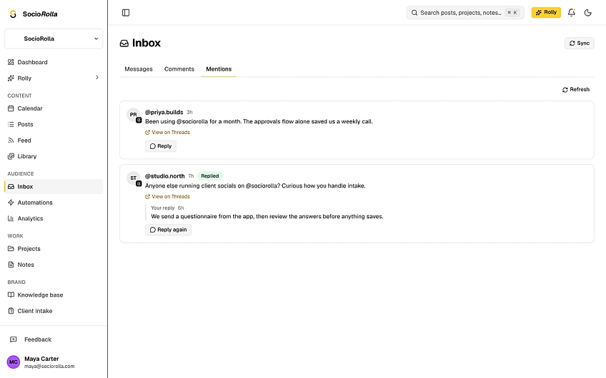 A Threads mention with the reply box open beneath it.