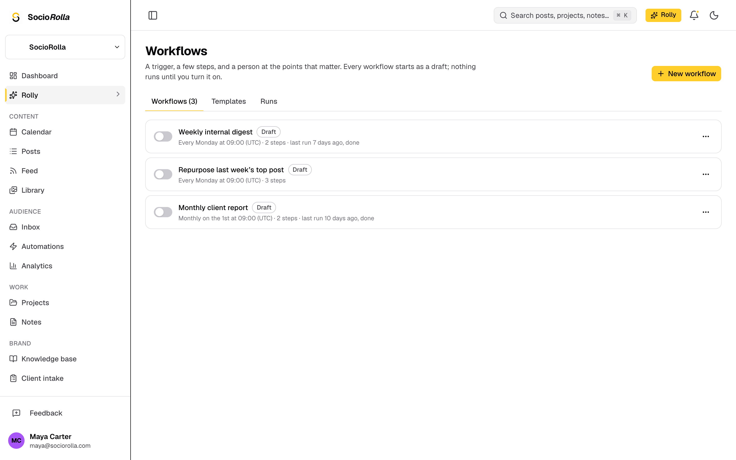 A workflow: its trigger, its steps and the approval gate between them.