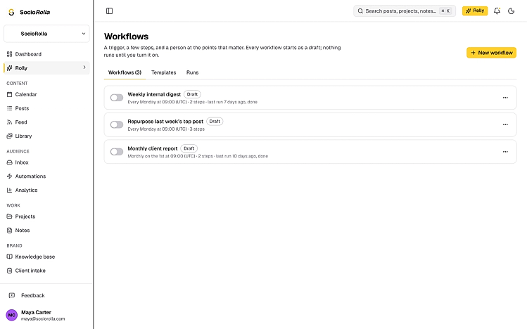 A workflow: its trigger, its steps and the approval gate between them.