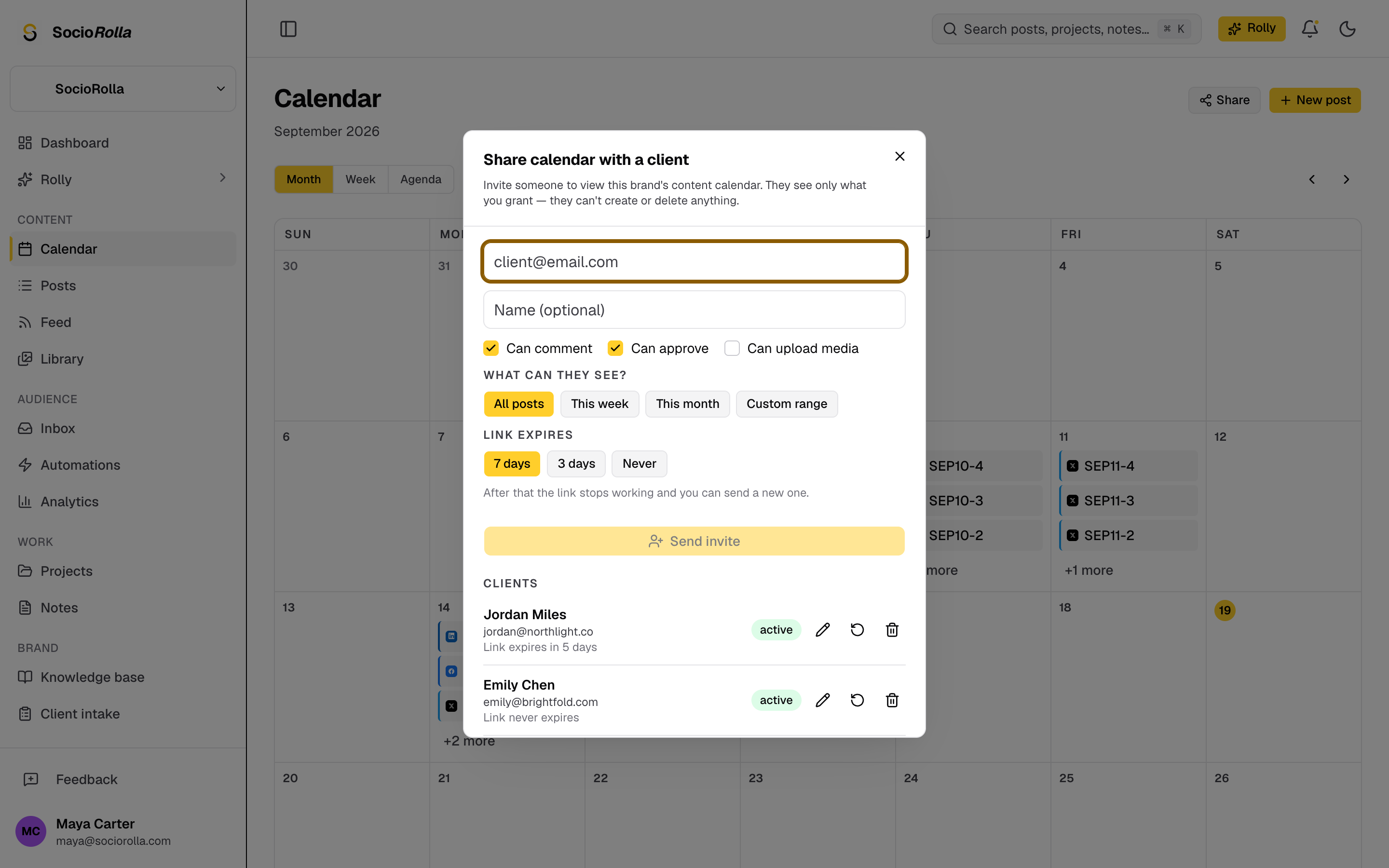 Sharing a brand’s calendar with a client: what they may do, and when the link stops working.
