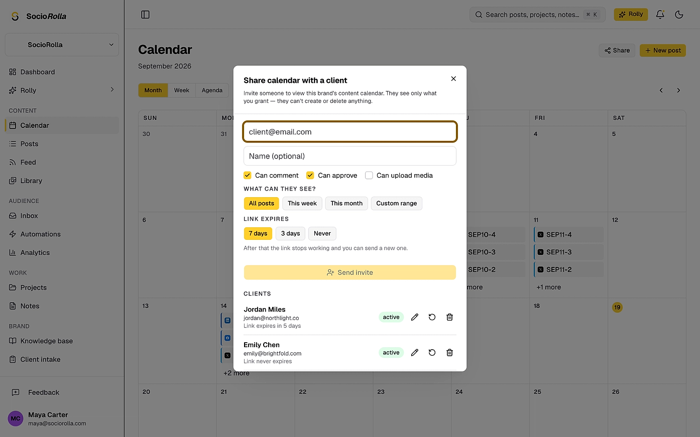 Sharing a brand’s calendar with a client: what they may do, and when the link stops working.