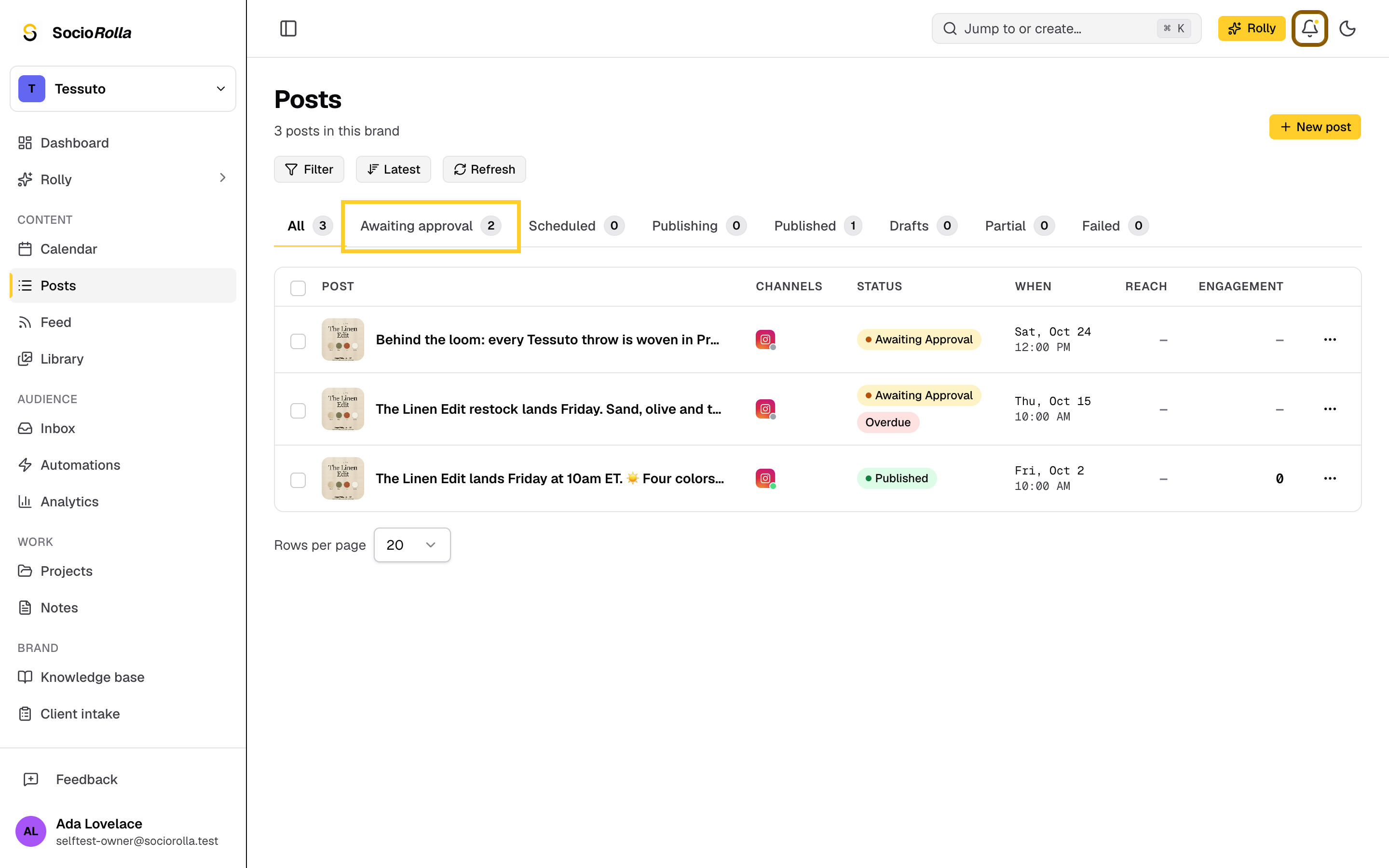 Step 3: Awaiting approval lists every post still held for sign-off.