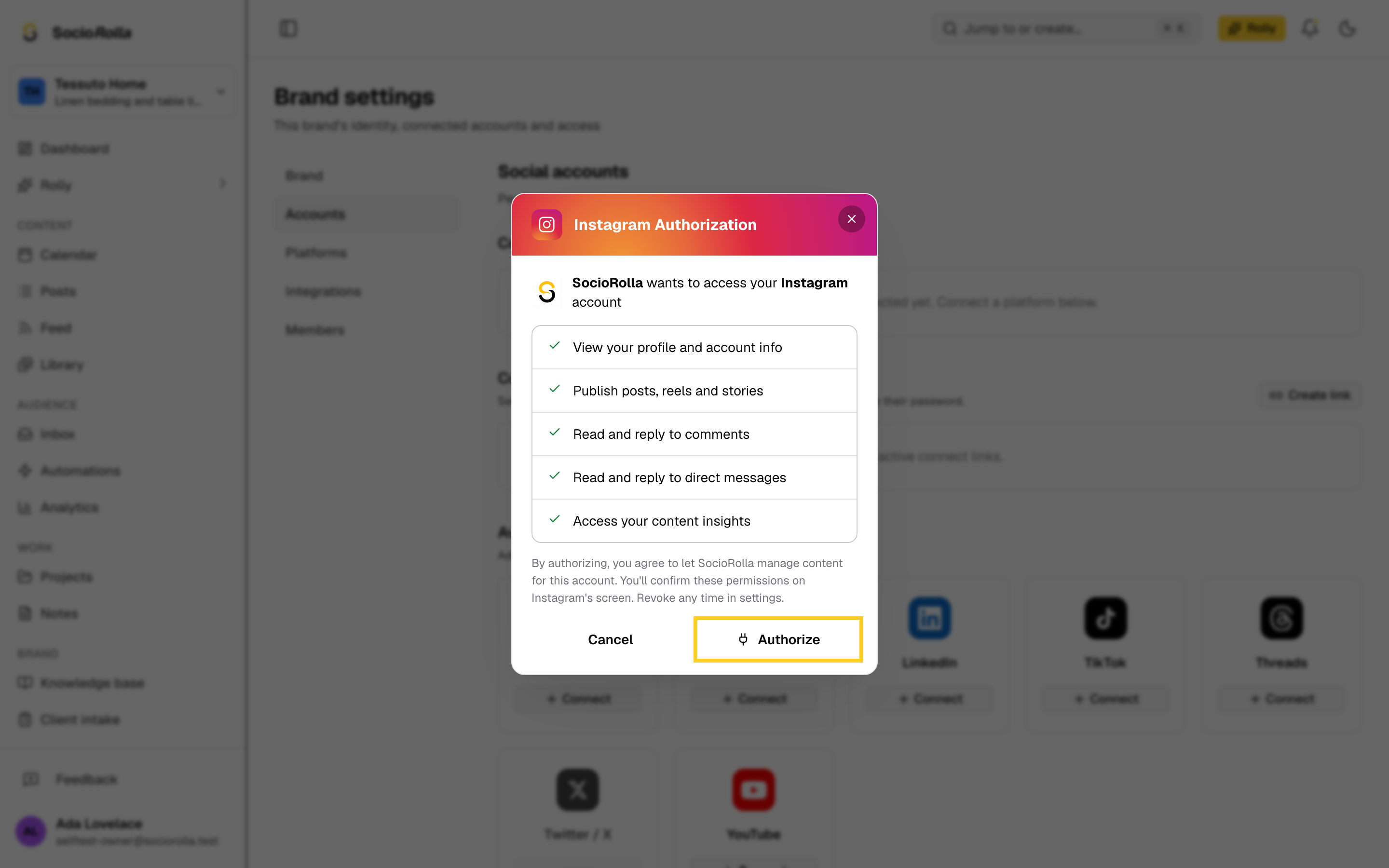 Step 6: Check the permissions, then click Authorize to go to Instagram.