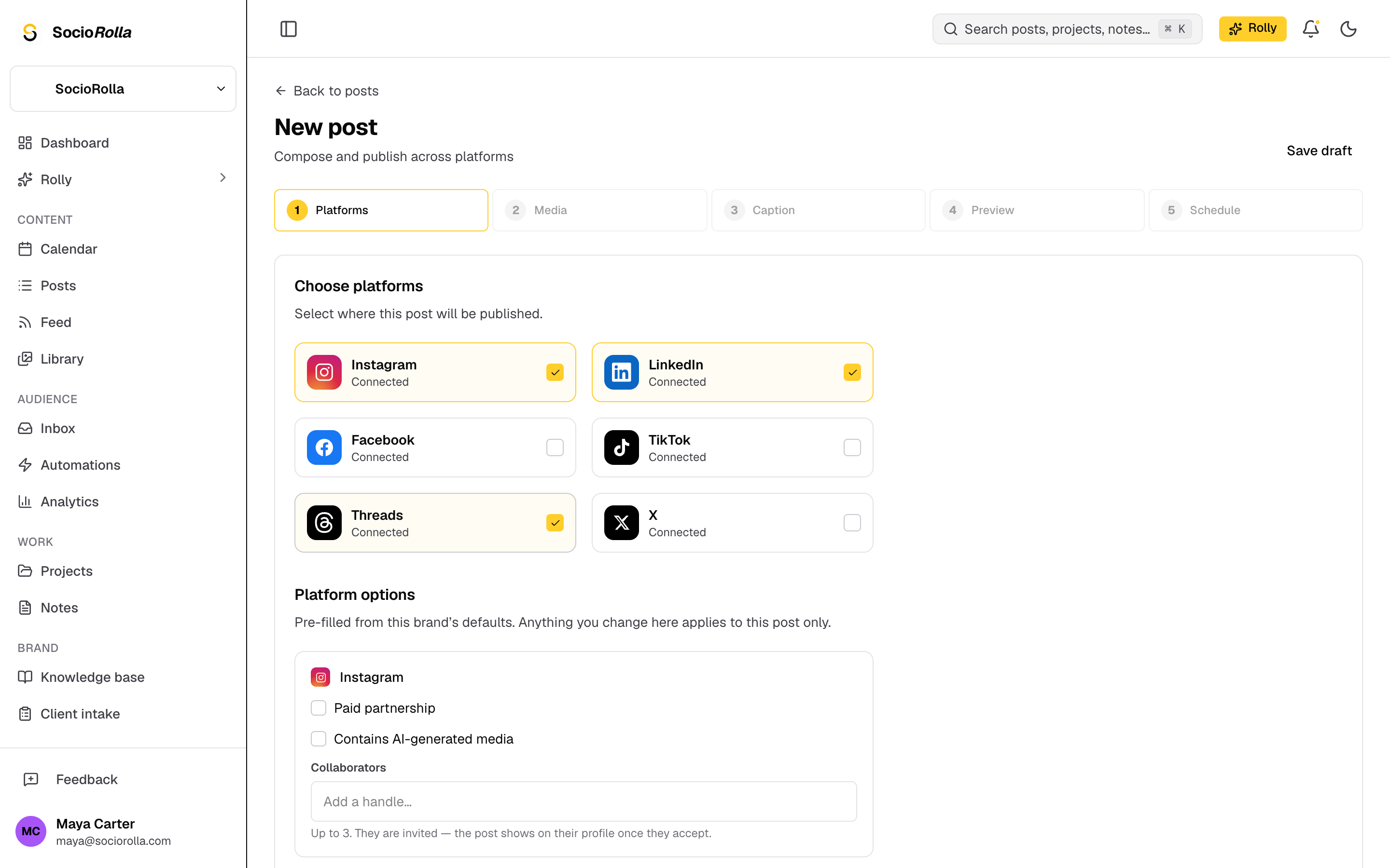 The composer’s platform step, listing the connected accounts.