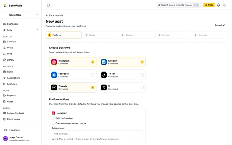 The composer’s platform step, listing the connected accounts.