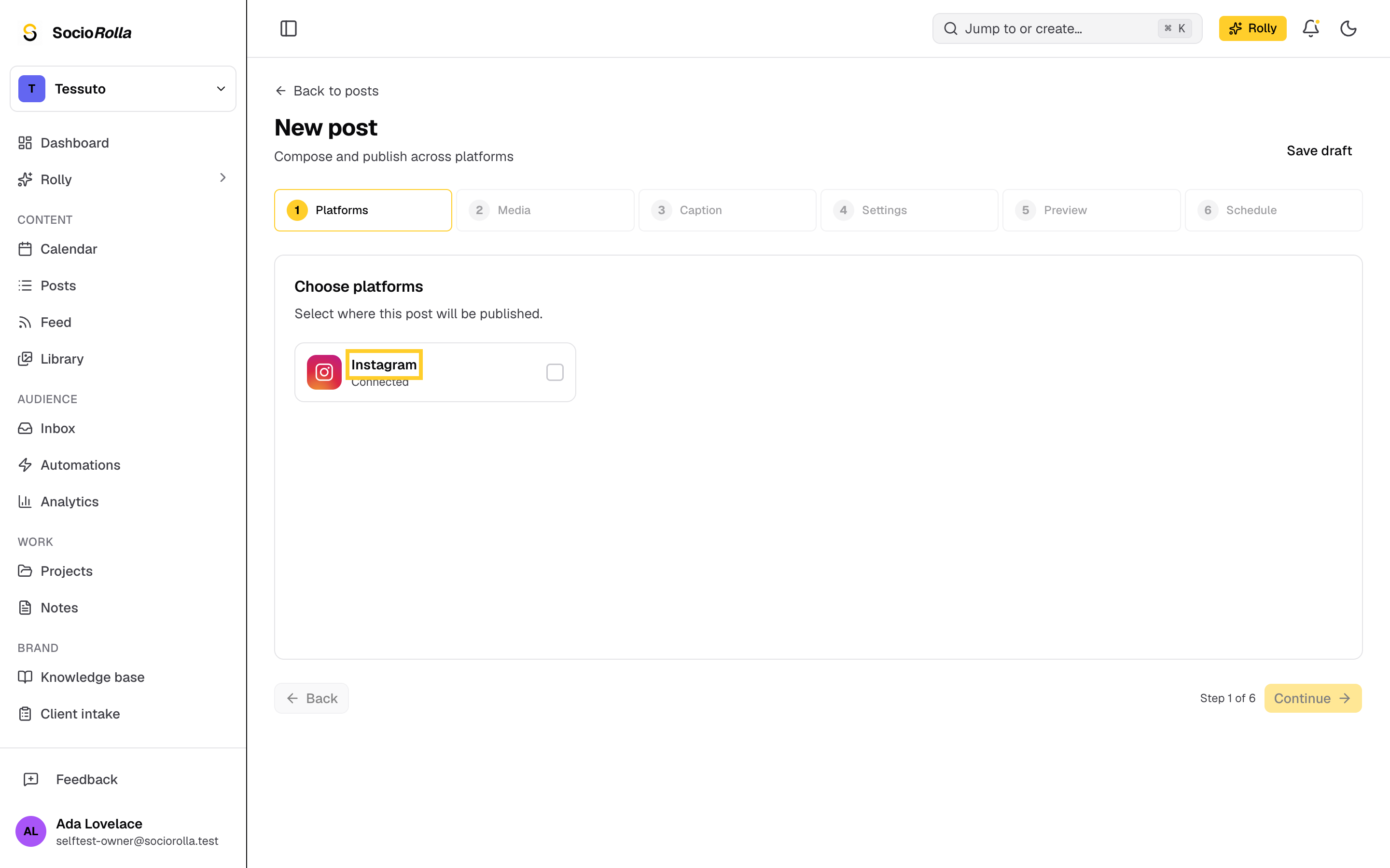 Step 2: Choose the accounts the post goes to, then continue.