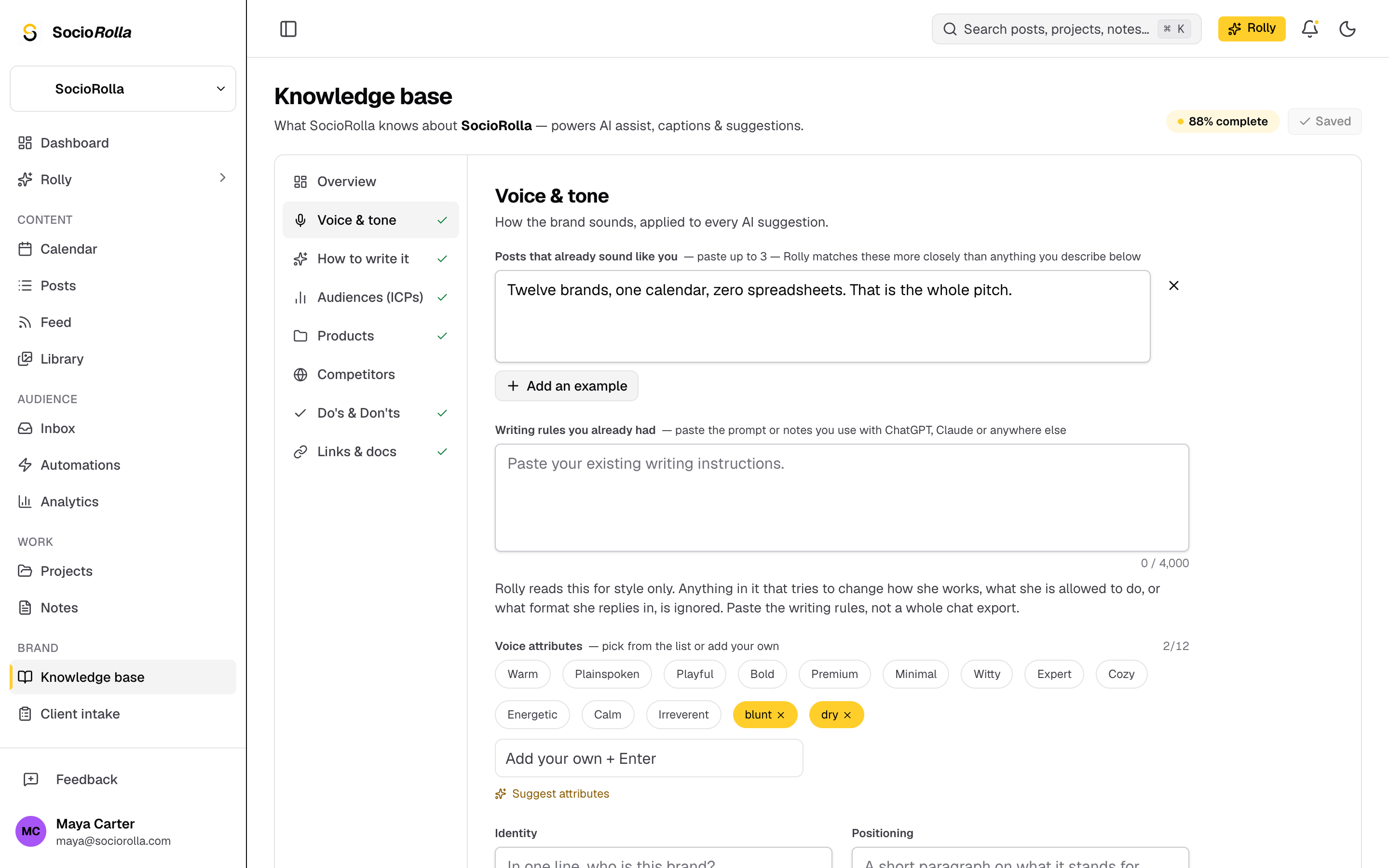 A brand’s knowledge base, with its voice, audiences and products filled in.