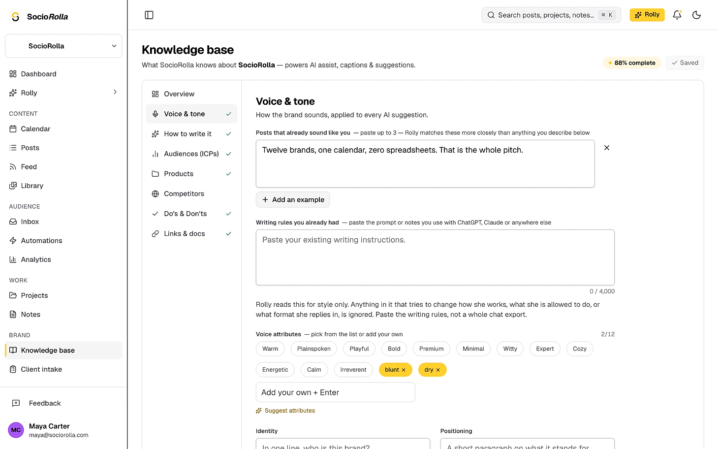 A brand’s knowledge base, with its voice, audiences and products filled in.