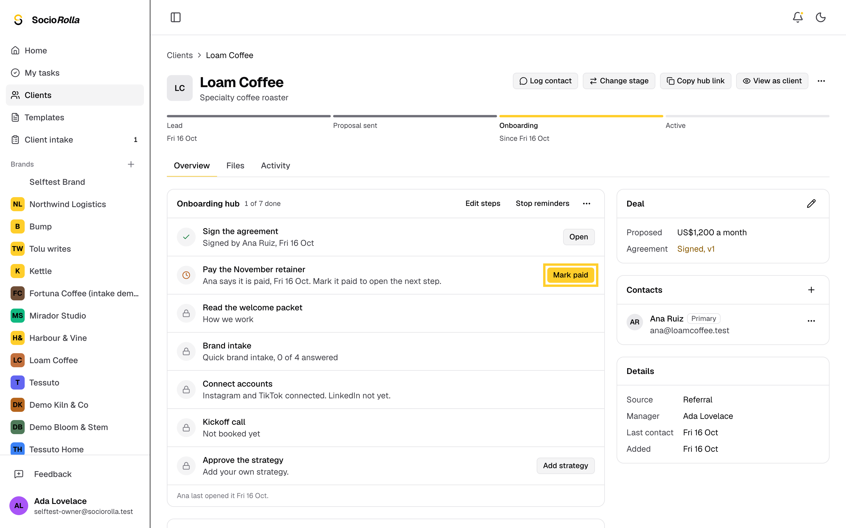 Step 2: When the money arrives, click Mark paid. The client's next step opens.