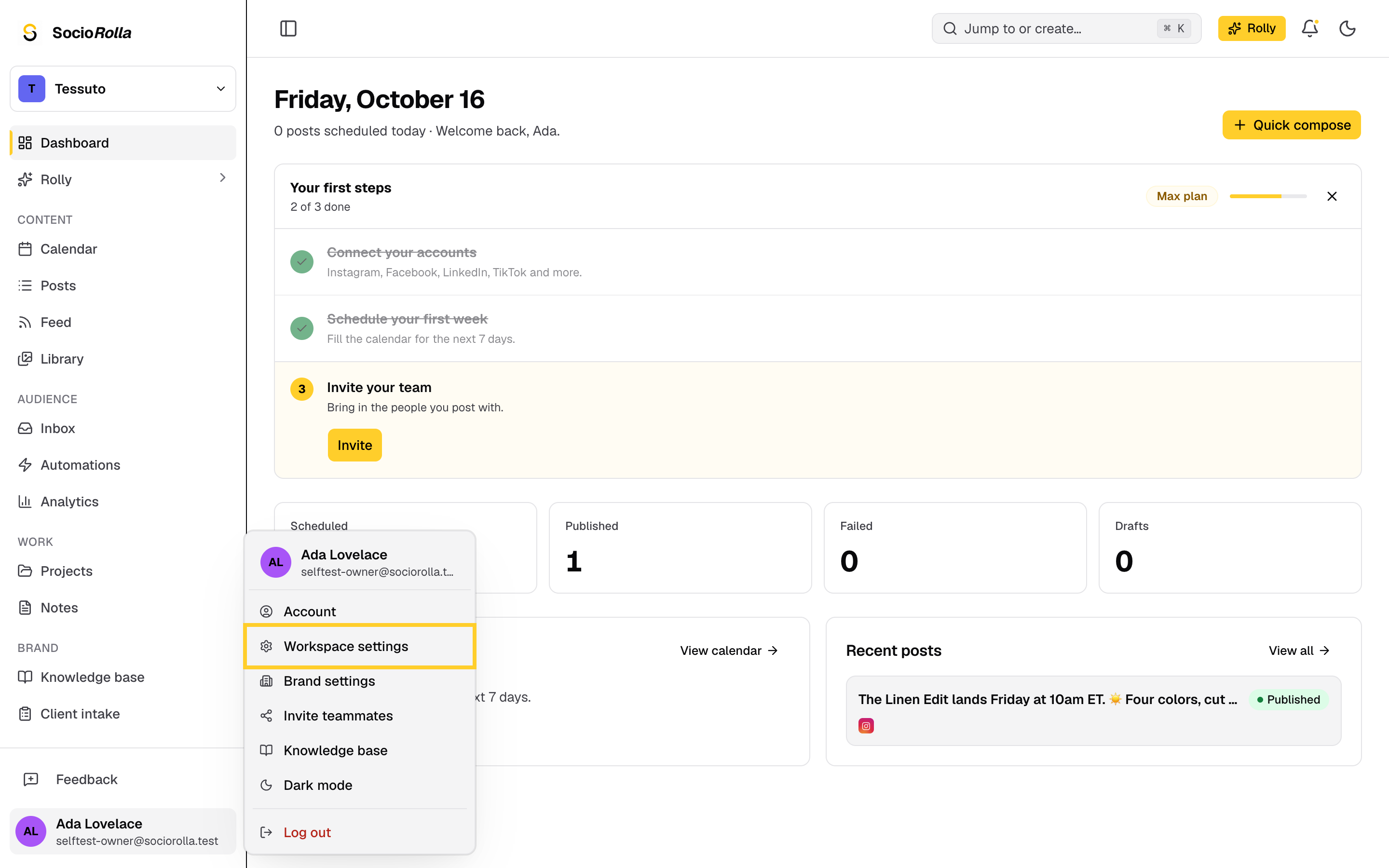 Step 2: Choose Workspace settings, which opens on the Team tab.