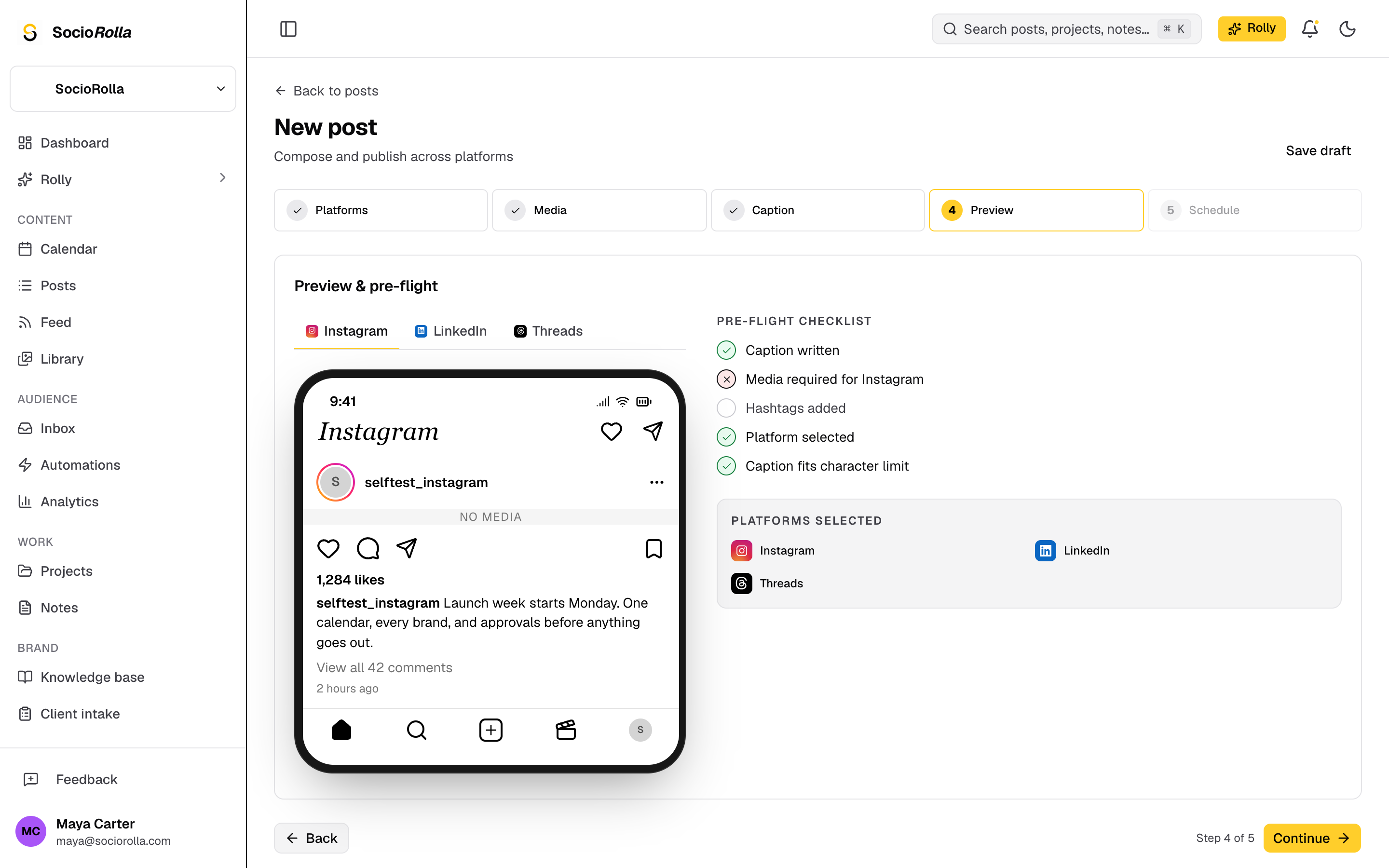 The preview step, showing the post as each platform will render it.