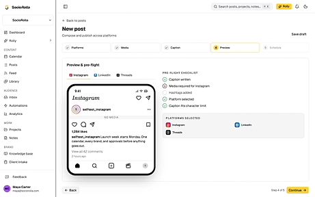 The preview step, showing the post as each platform will render it.