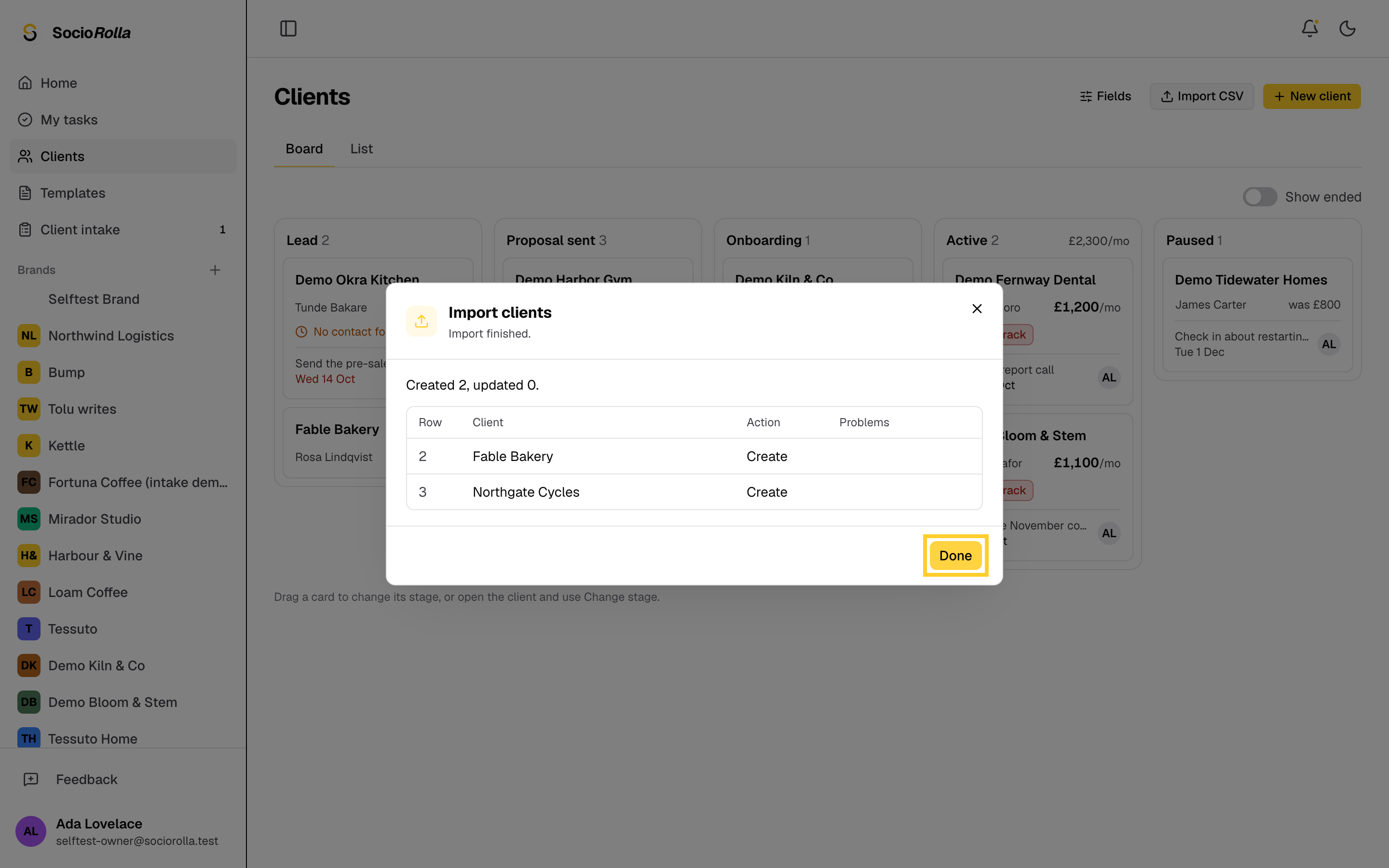 Step 17: The imported clients join the board in the stage your file gave them.