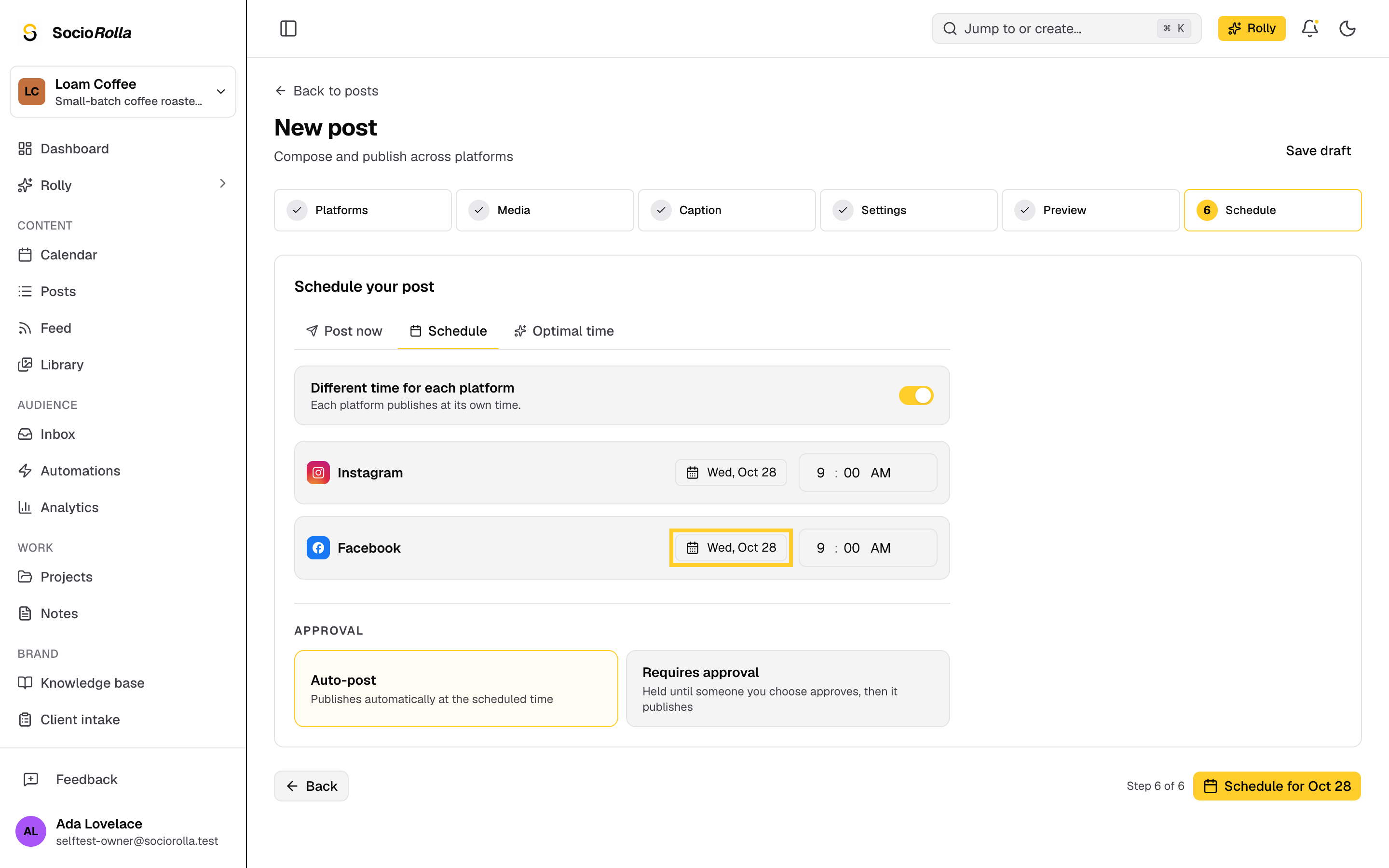 Step 5: Change the day or time on any platform's row.