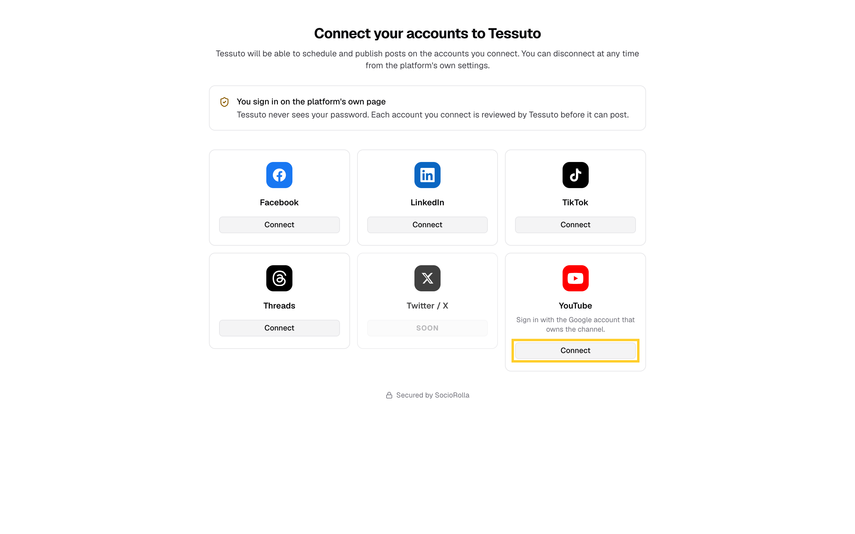 Step 6: They click Connect, check what it asks for, then sign in on the platform itself.