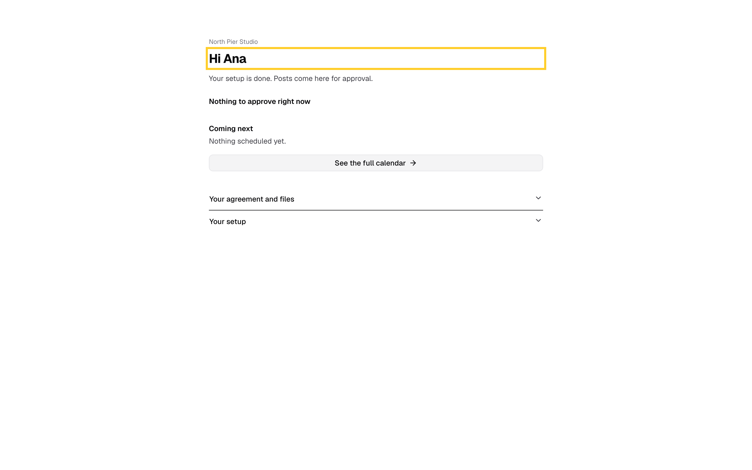 Step 3: The same link now opens their portal. Posts you send for approval show up here.
