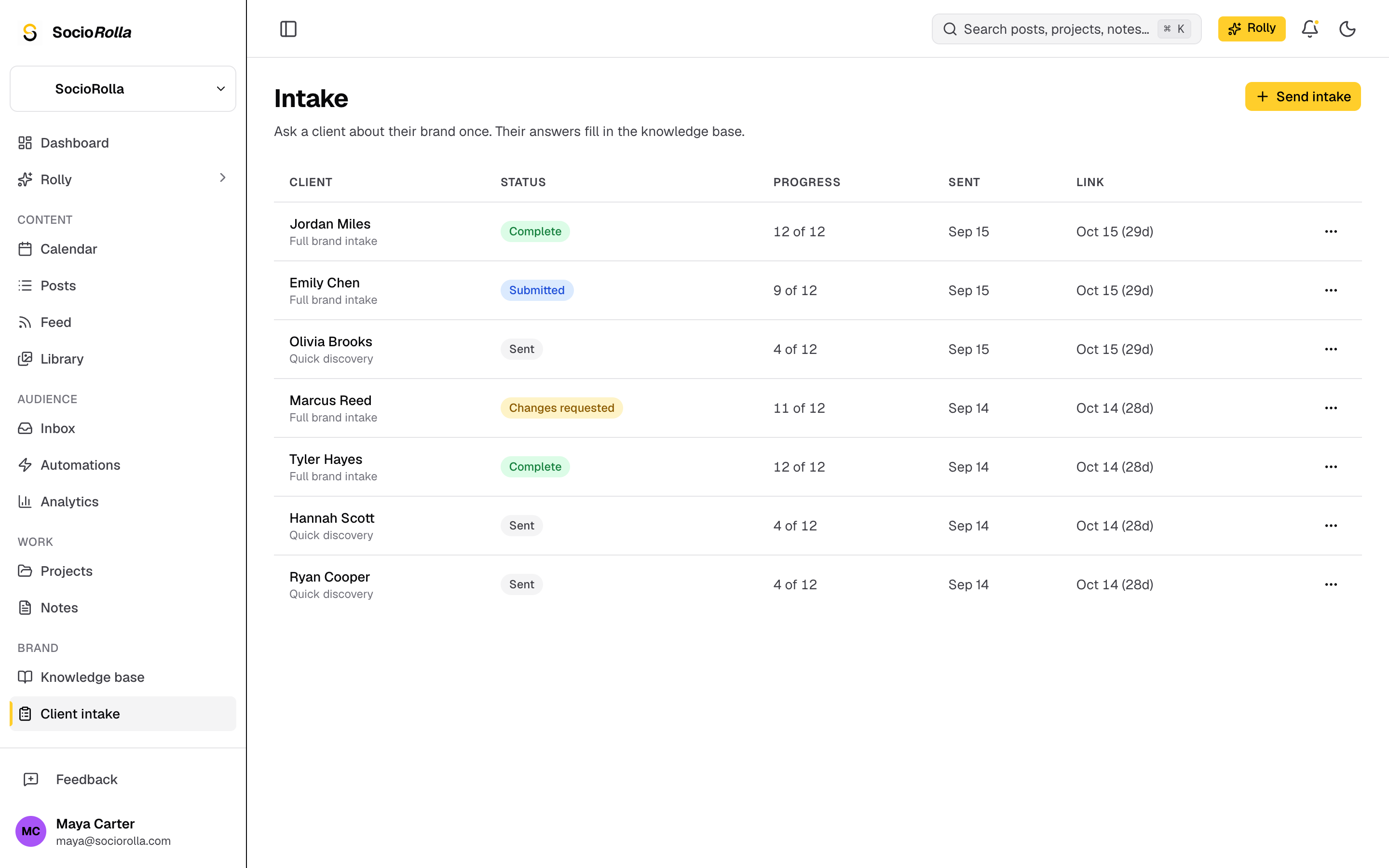 Sending the intake link to a client from the workspace.