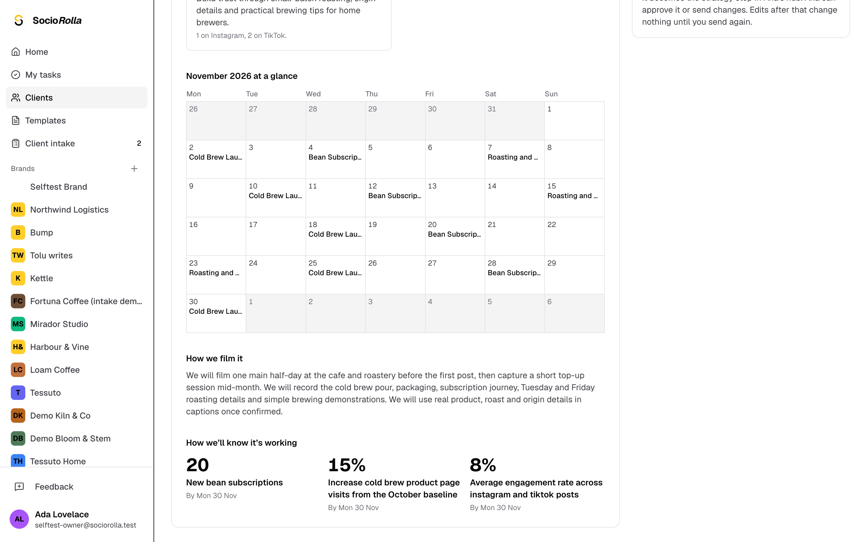 Step 7: The draft sets out content pillars, a calendar and how you will film it.