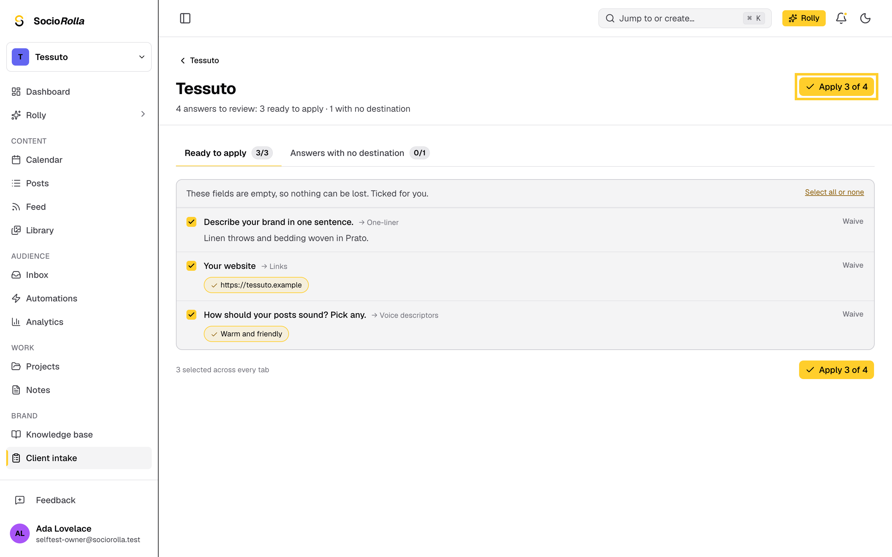Step 13: Apply the ones you want, and they go into the brand's knowledge base.