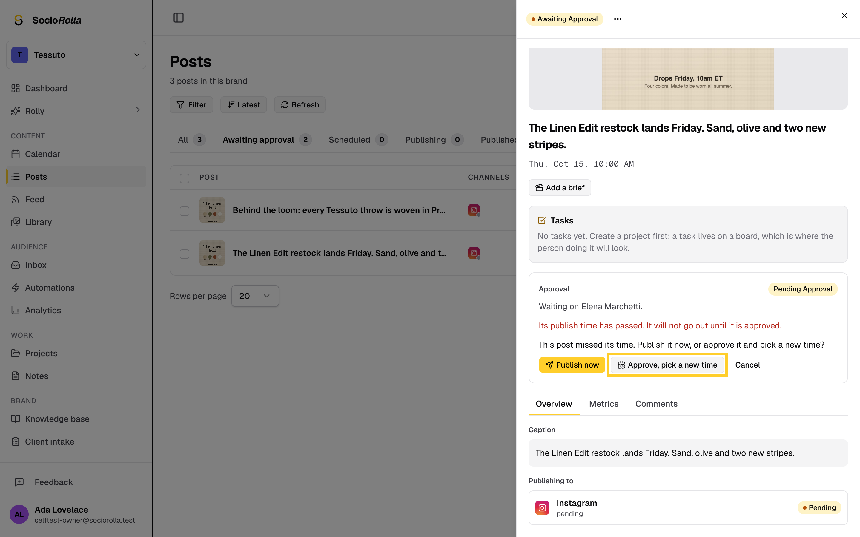 Step 6: Pick a new time, and the approved post waits in Drafts.