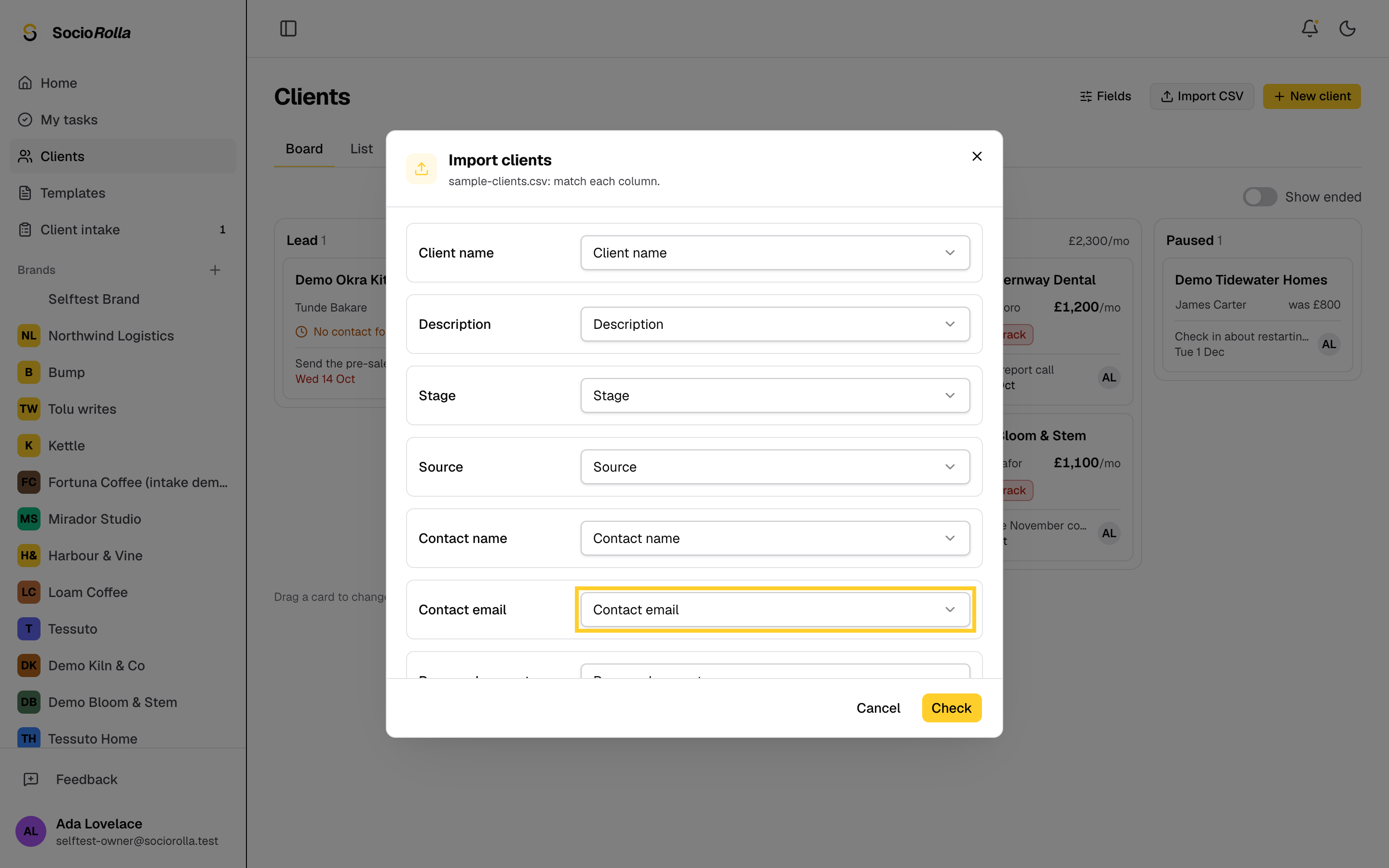 Step 14: Each column is matched to a client field. Change any match that looks wrong.