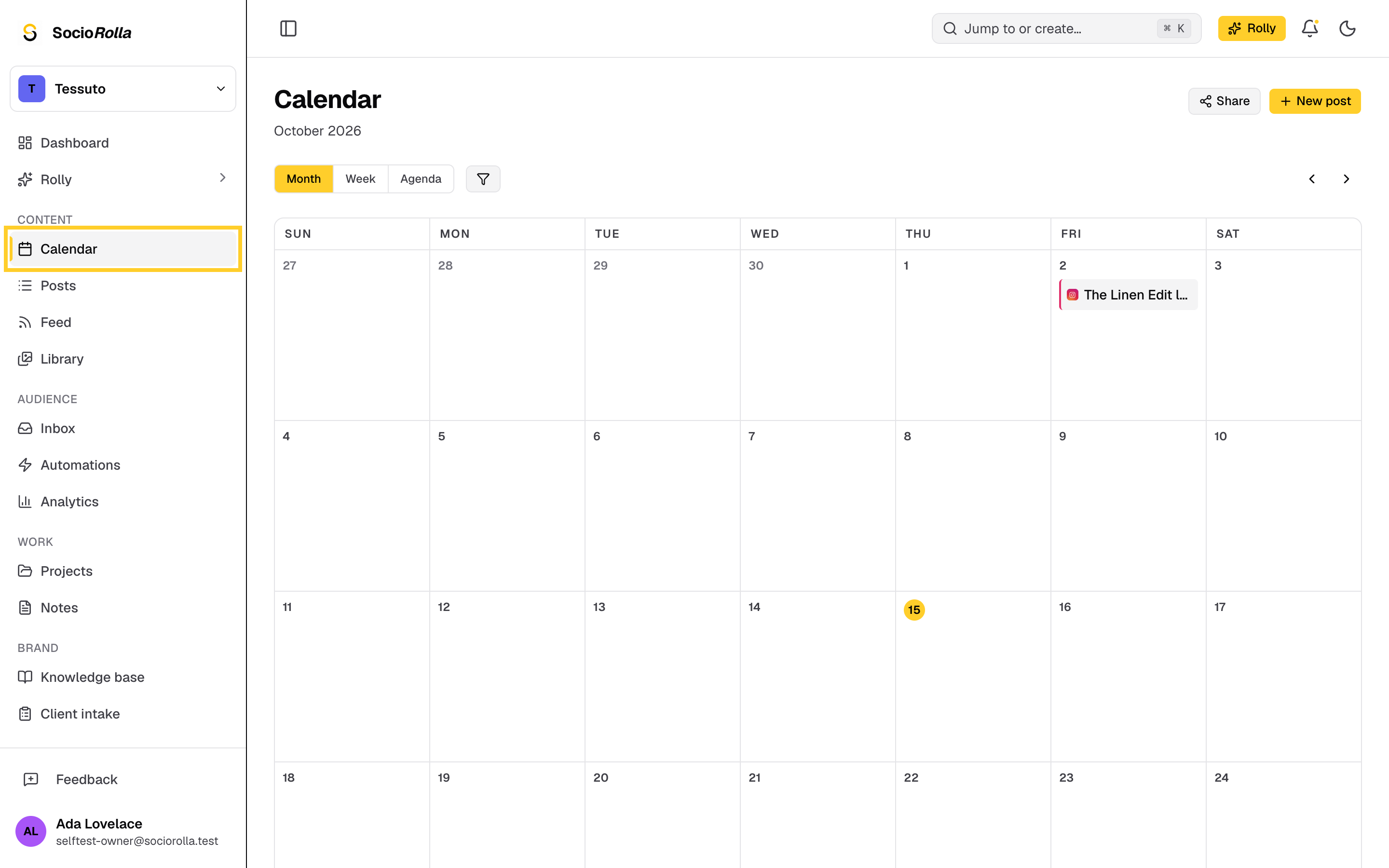 Step 3: Content holds the calendar, your posts, the feed and the media library.