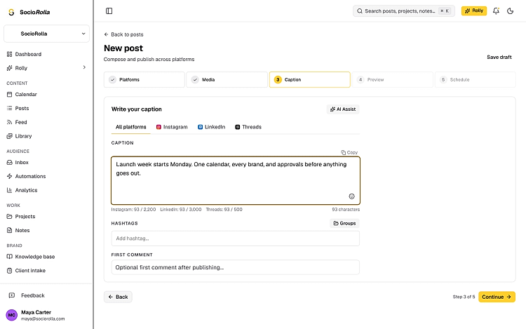 The per-platform caption tabs, with an override written on one of them.