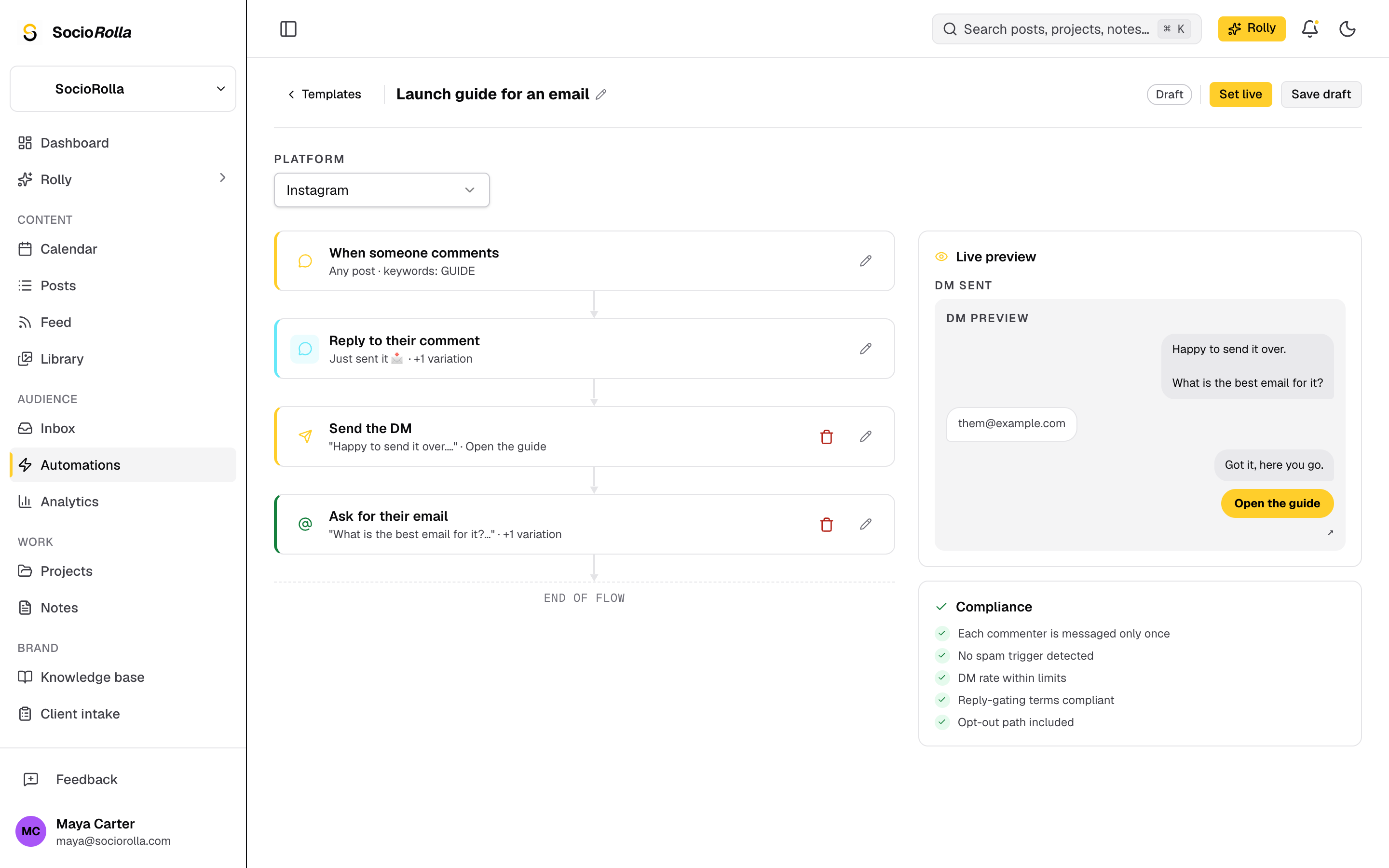 The automation builder: trigger, public reply, DM and email question, with a live preview of the conversation.