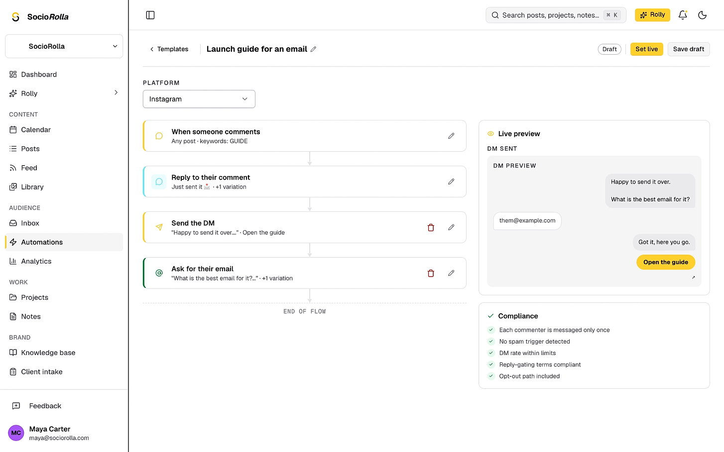 The automation builder: trigger, public reply, DM and email question, with a live preview of the conversation.