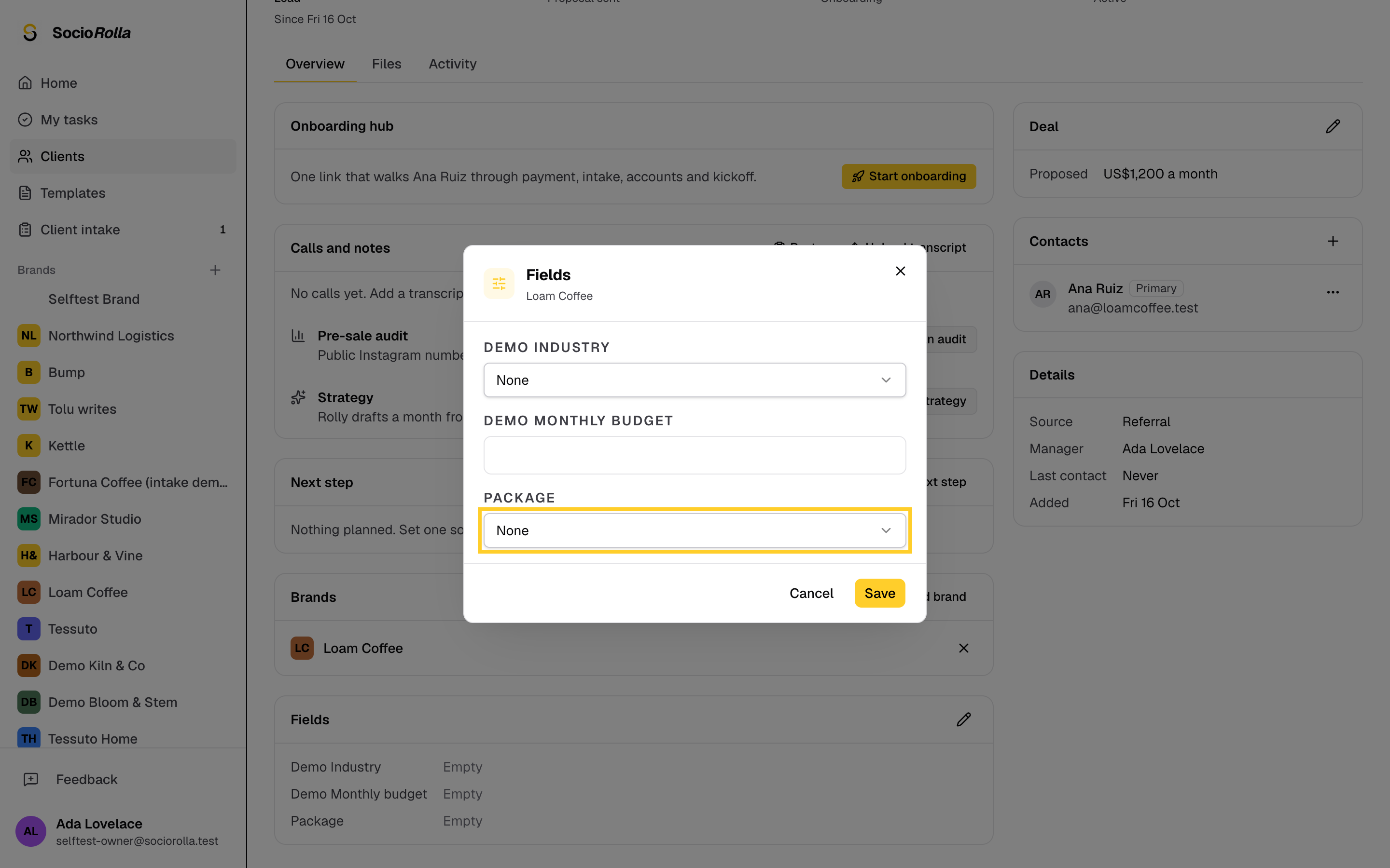 Step 8: Your new field is listed with the others. Pick a value for this client.