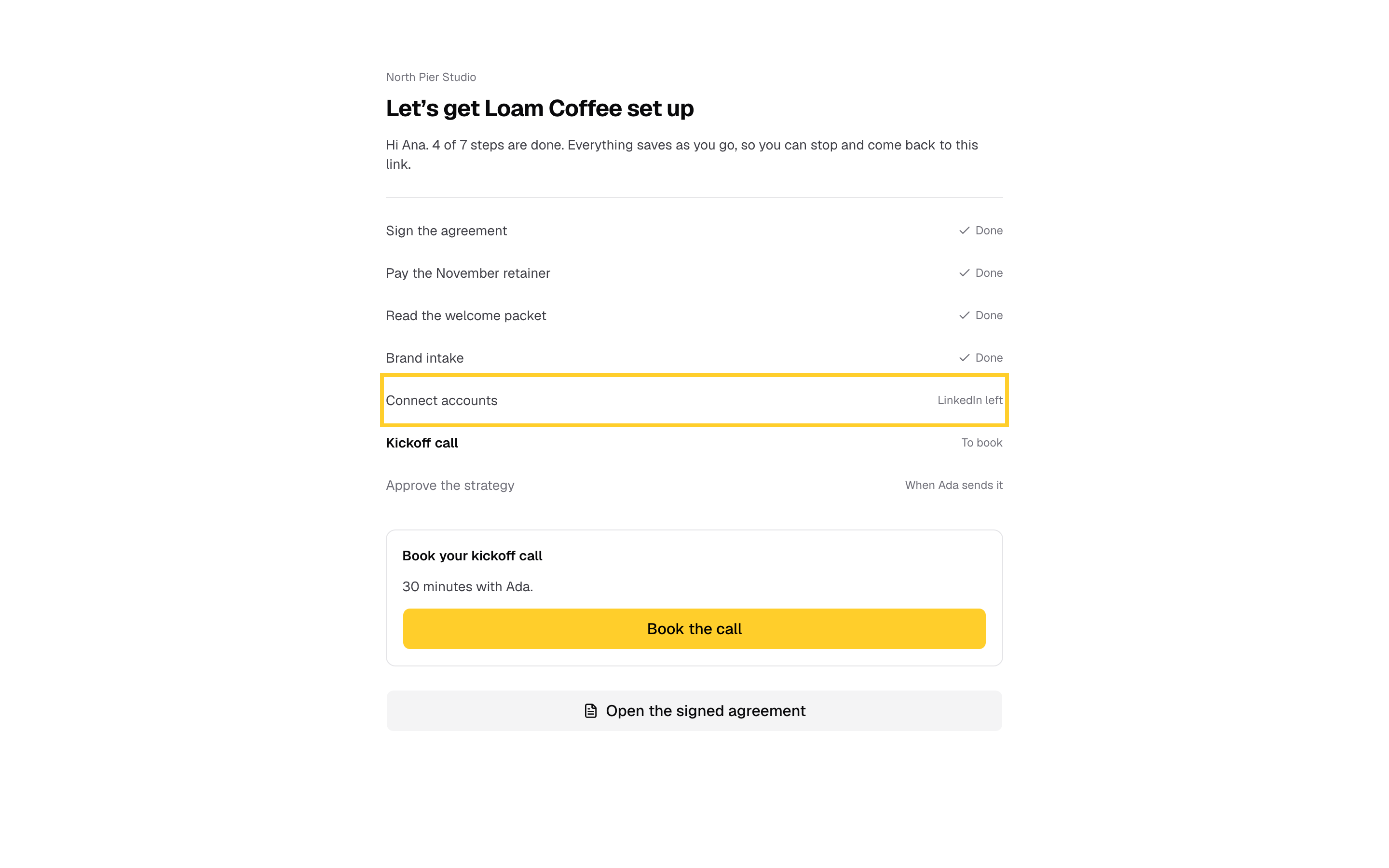 Step 15: Connect accounts lists the platforms you asked for and which are done.