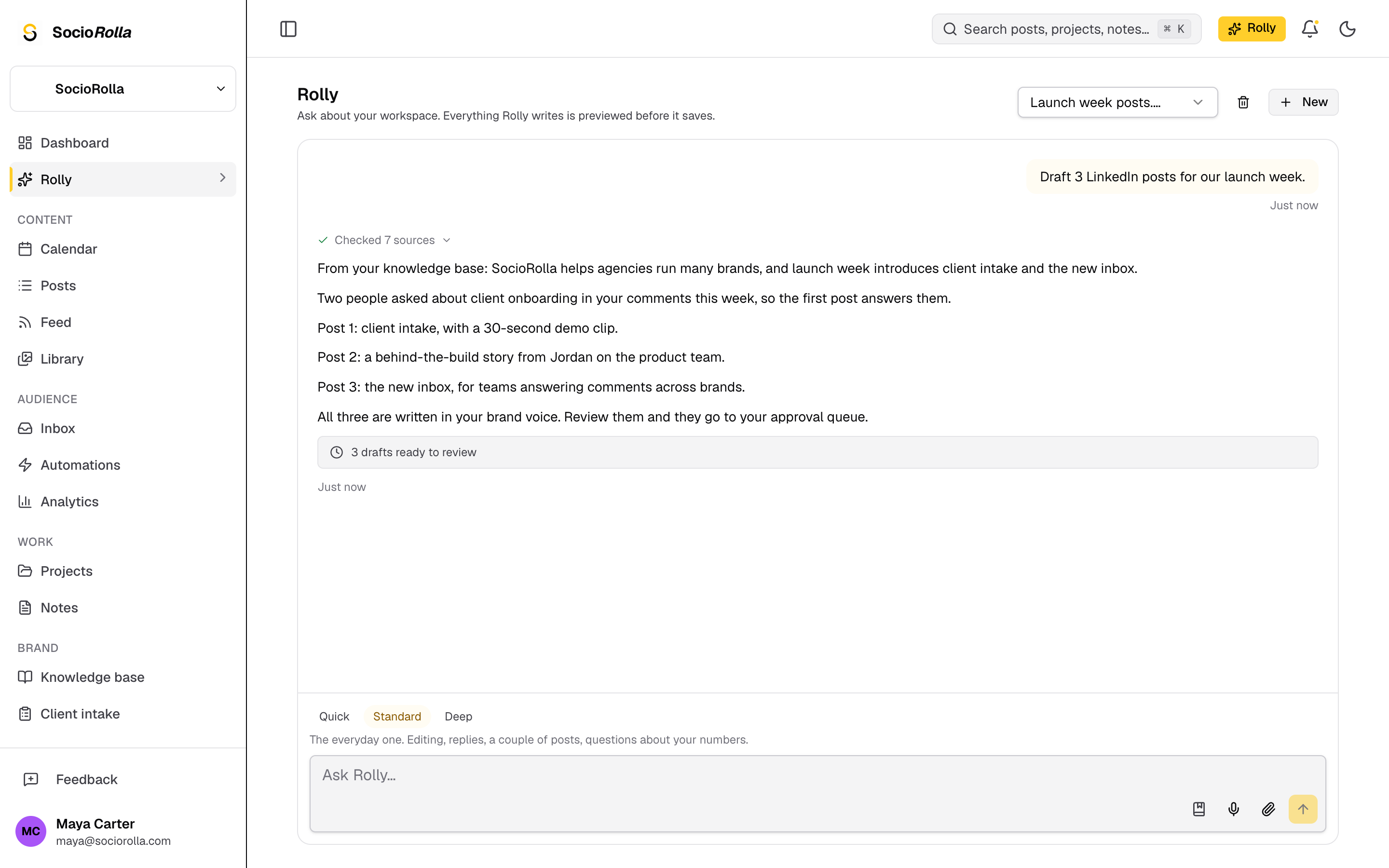 A Rolly answer with its sources listed and three drafts staged for review.