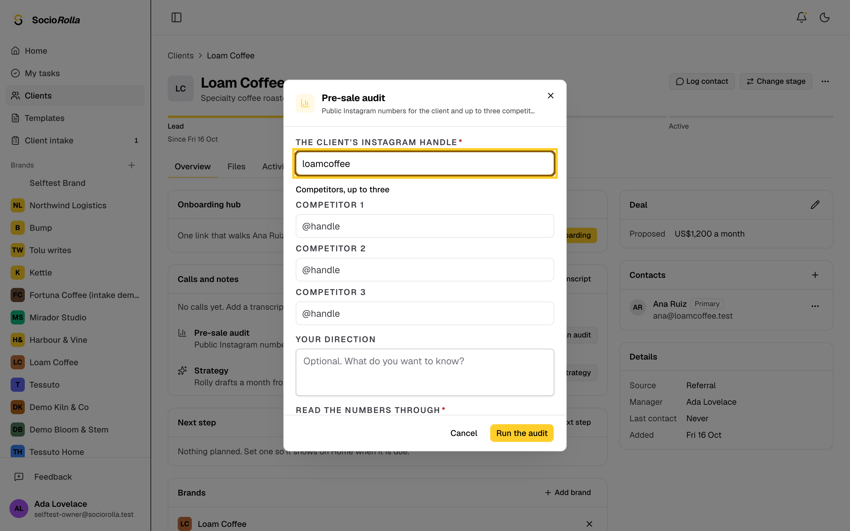 Step 3: The client's handle comes from their brand. Add up to three competitors.