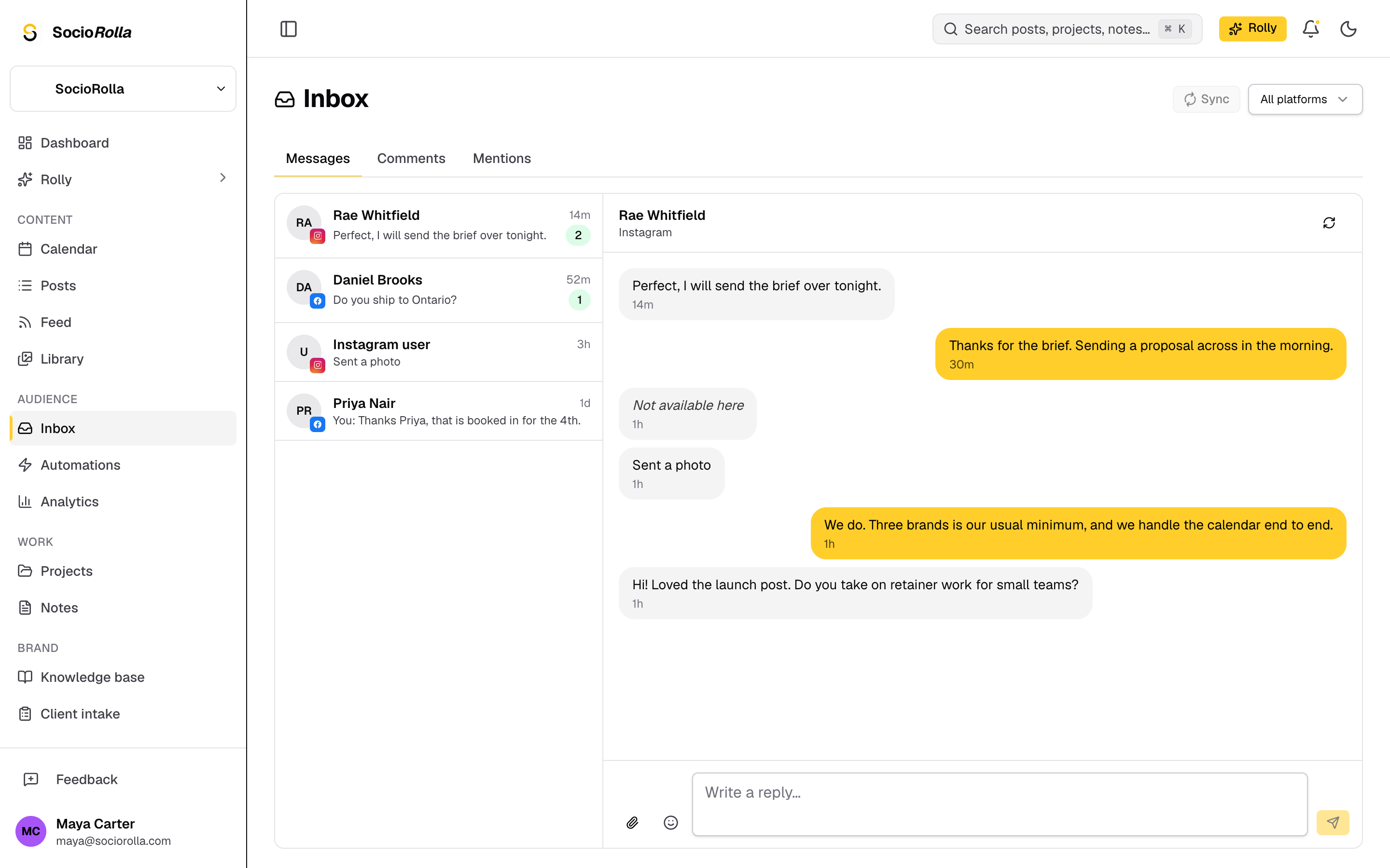 The inbox, with every connected account’s conversations in one list.